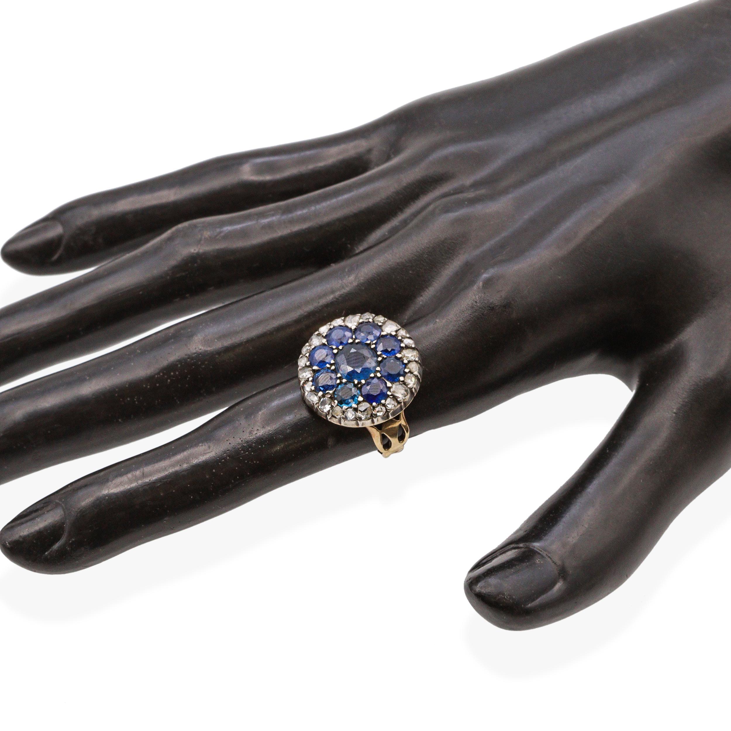 Taille ronde Bague victorienne en or jaune 14k saphir de Birmanie non chauffé et diamant taille rose GIA en vente