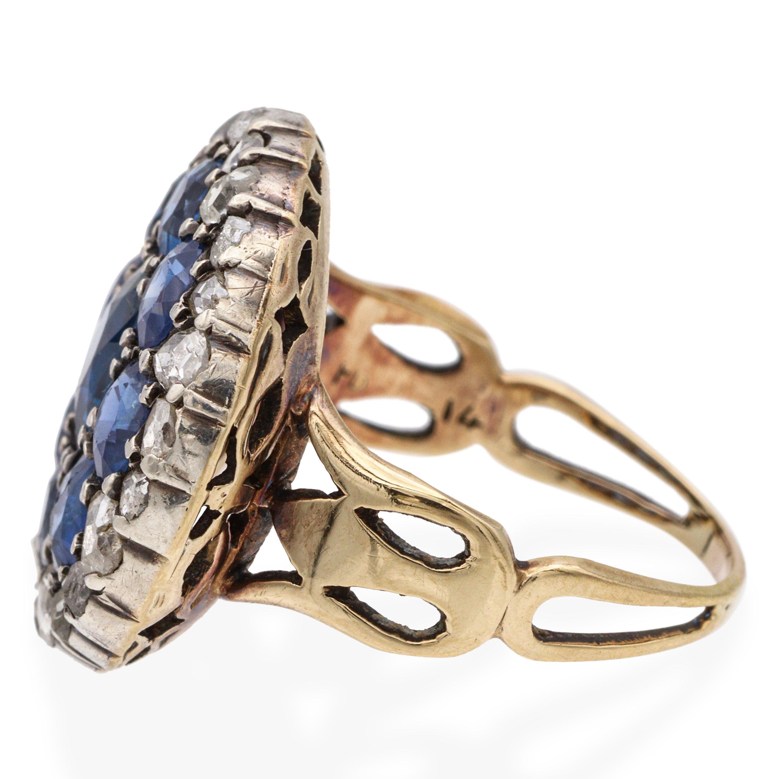 Bague victorienne en or jaune 14k saphir de Birmanie non chauffé et diamant taille rose GIA Bon état - En vente à New York, NY