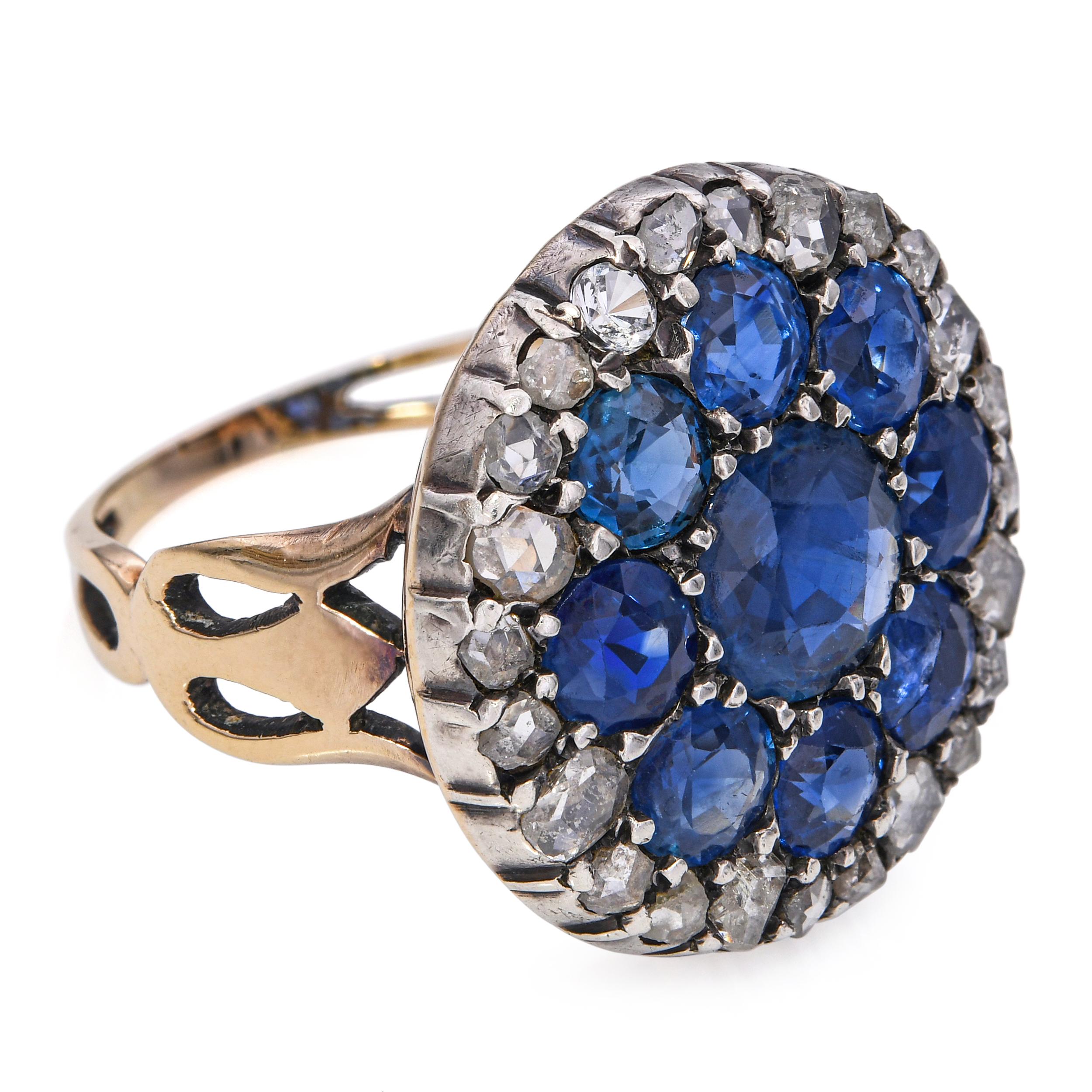 Viktorianischer 14k Gelbgold Ungeheizter Burma Saphir und Diamantring im Rosenschliff GIA Damen im Angebot