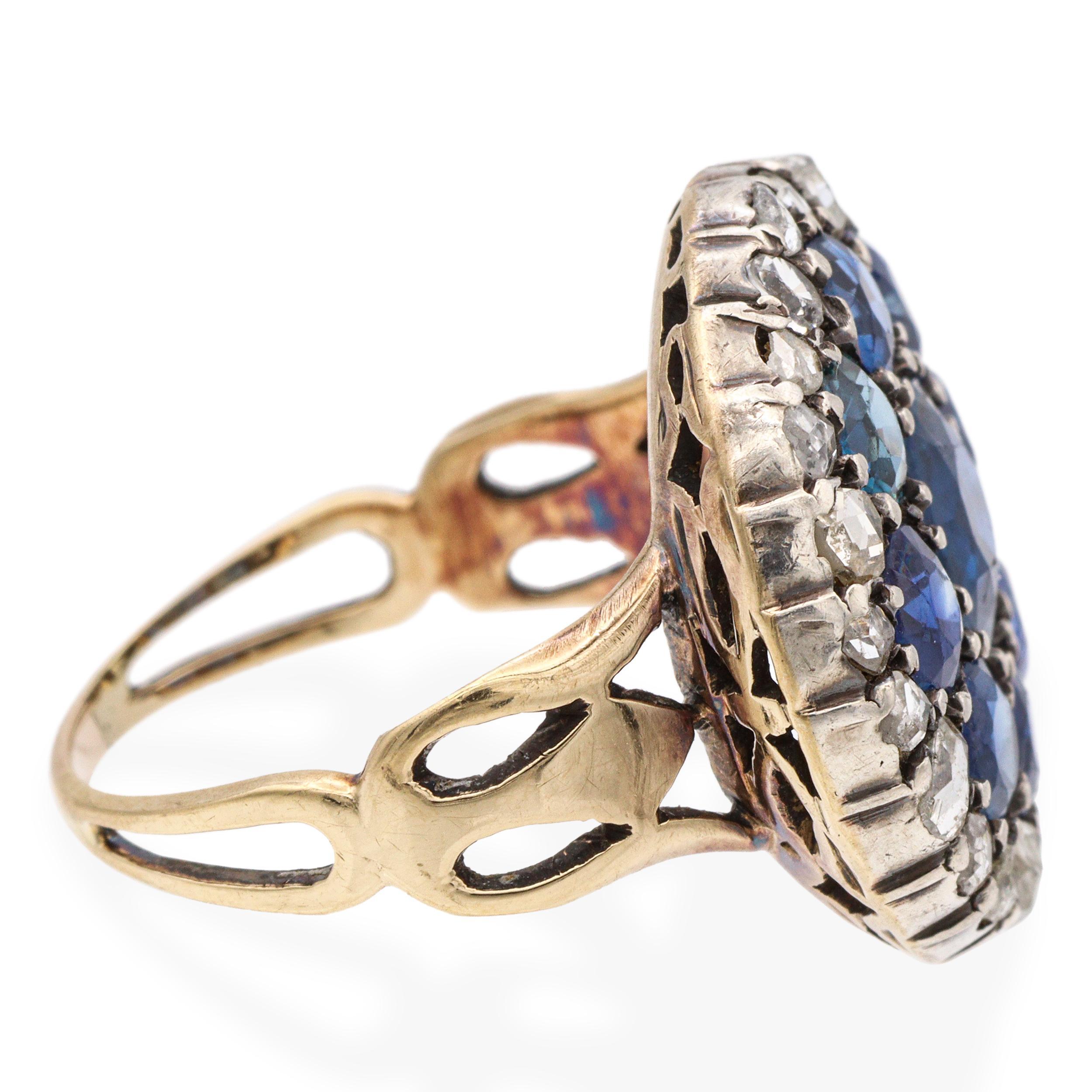 Bague victorienne en or jaune 14k saphir de Birmanie non chauffé et diamant taille rose GIA en vente 1