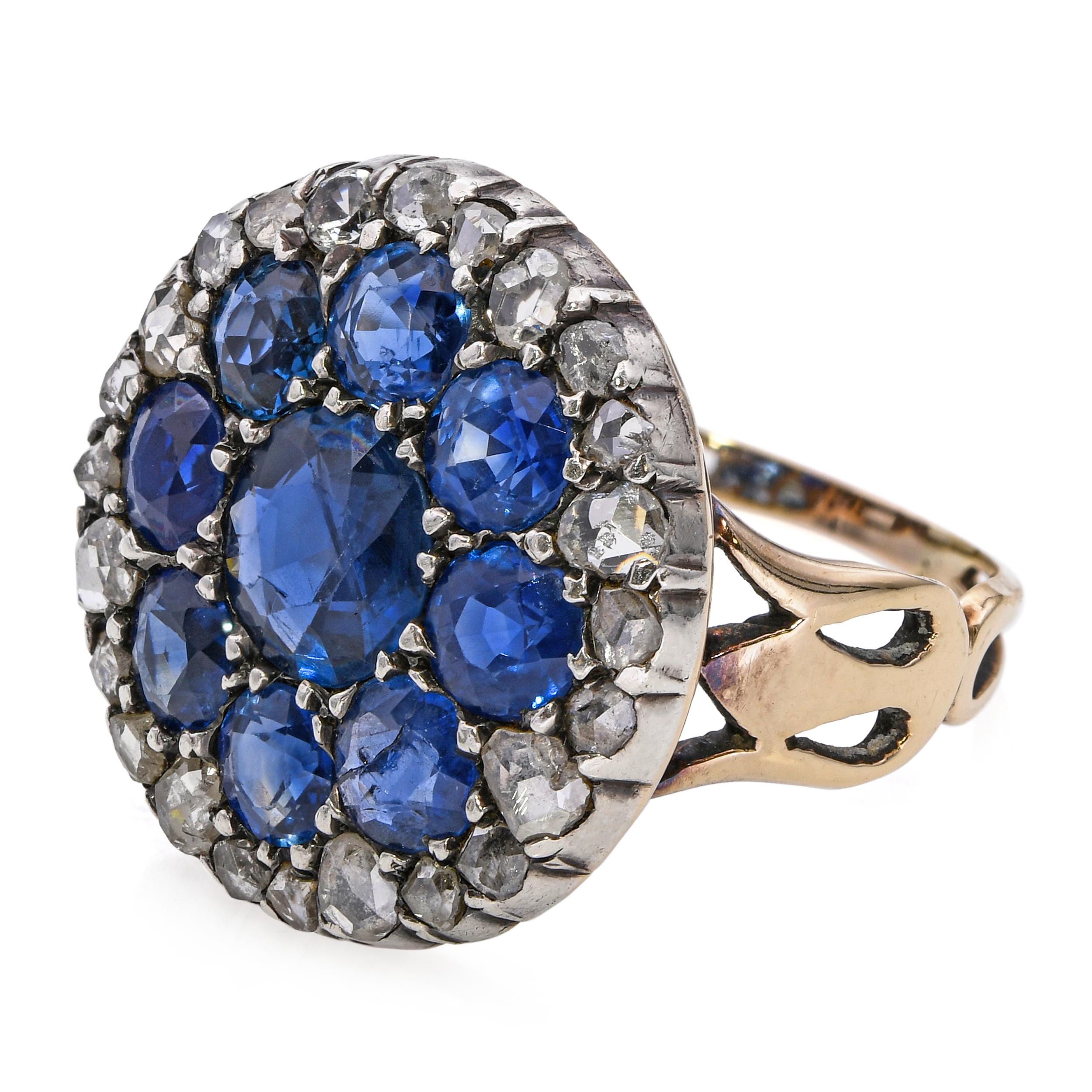 Viktorianischer 14k Gelbgold Ungeheizter Burma Saphir und Diamantring im Rosenschliff GIA im Angebot 2