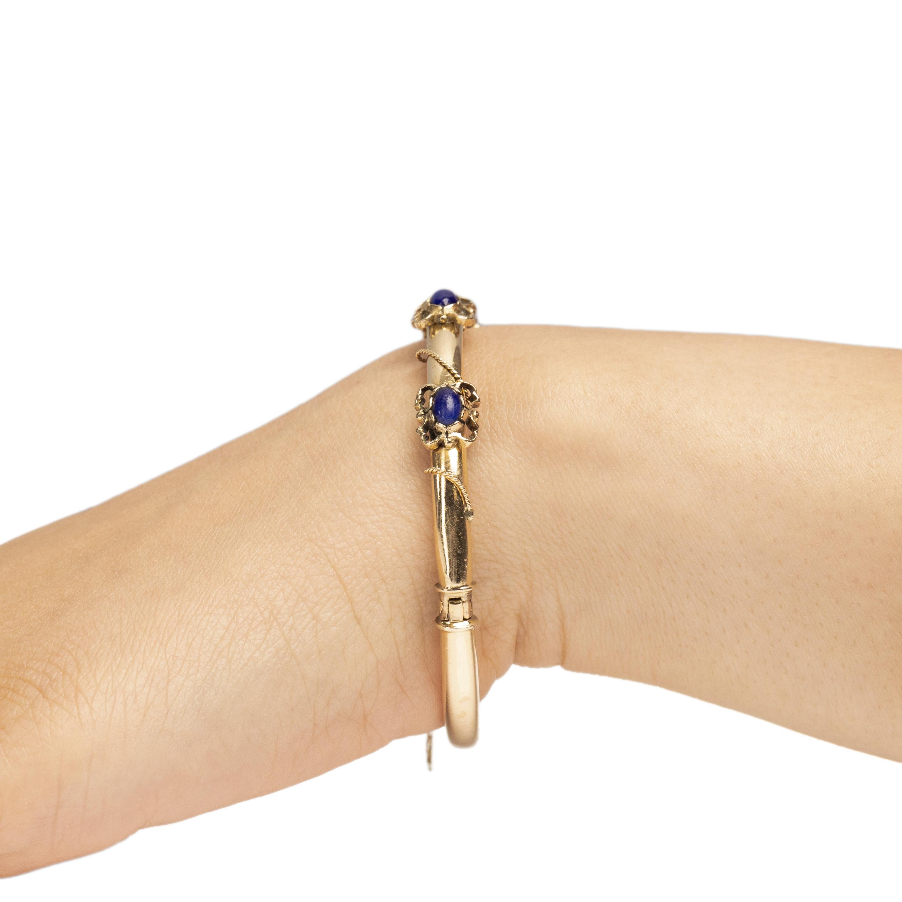 Victorian 14K Yellow Gold Vintage Hinge Bracelet w/ Rope Design & Lapis Cabochon 1