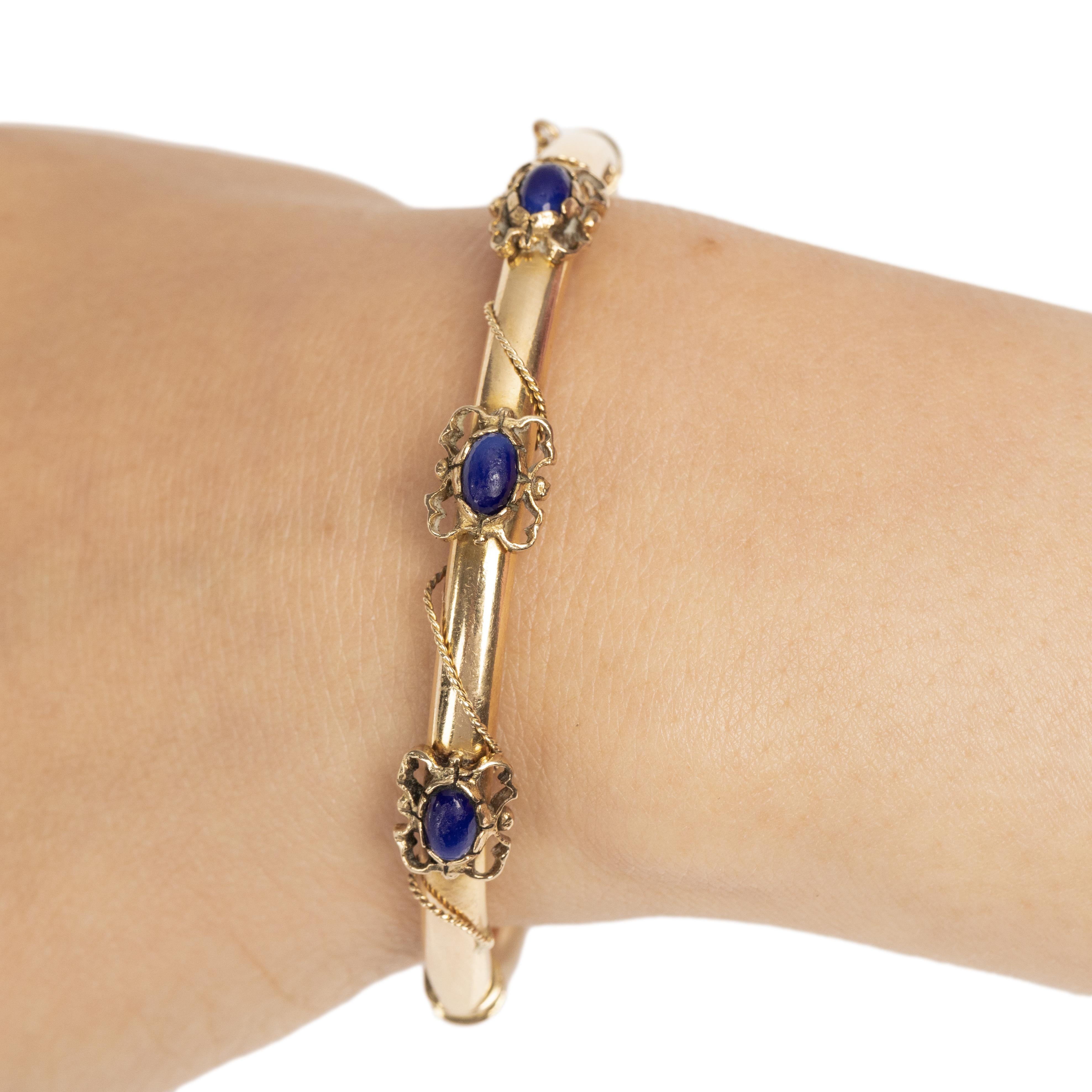 Victorian 14K Yellow Gold Vintage Hinge Bracelet w/ Rope Design & Lapis Cabochon 2