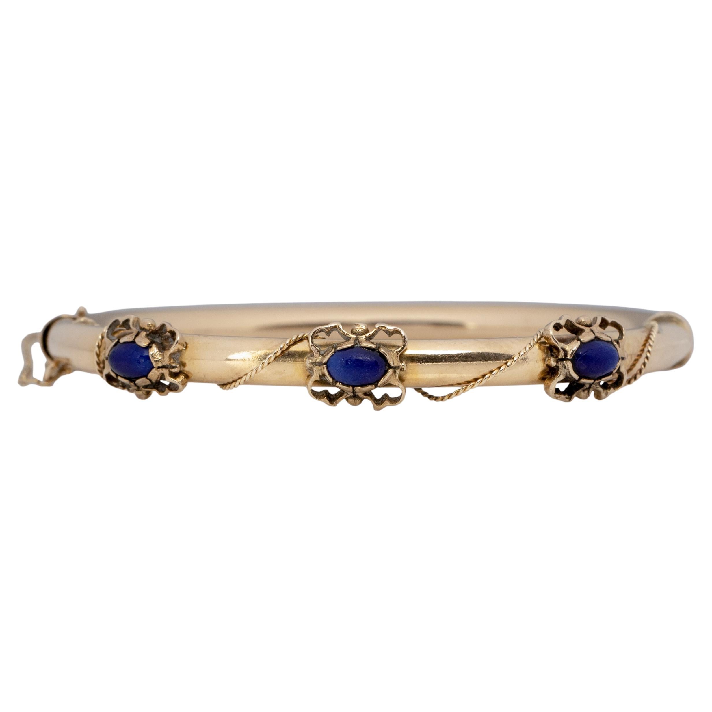 Victorian 14K Yellow Gold Vintage Hinge Bracelet w/ Rope Design & Lapis Cabochon
