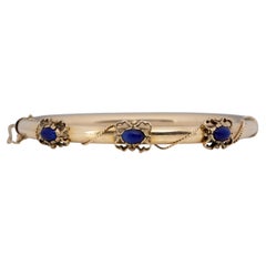 Victorian 14K Yellow Gold Antique Hinge Bracelet w/ Rope Design & Lapis Cabochon