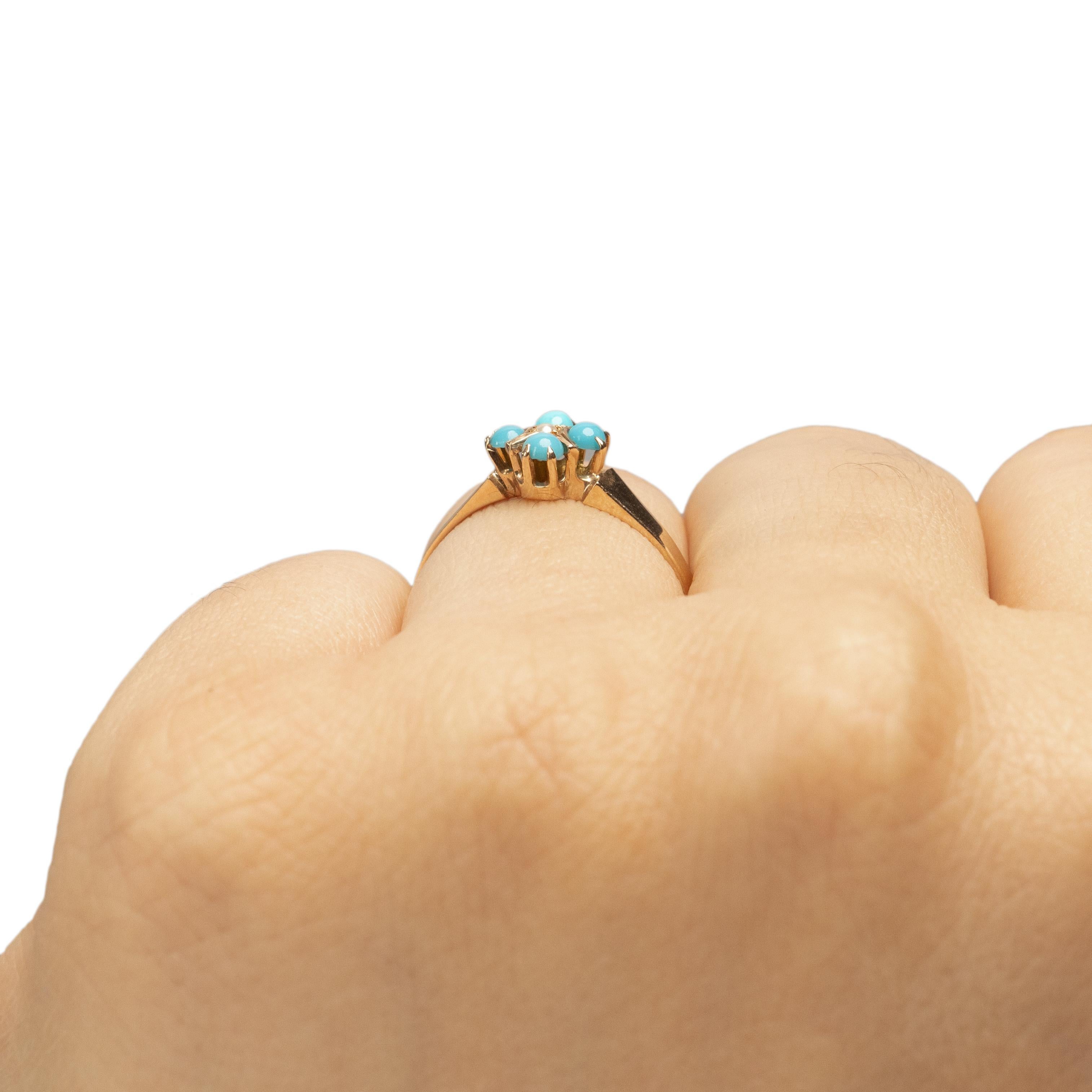 Women's or Men's Victorian 14K Yellow Gold Vintage Small Turquoise and Seed Pearl Flower Ring