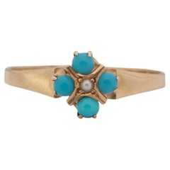Victorian 14K Yellow Gold Vintage Small Turquoise and Seed Pearl Flower Ring