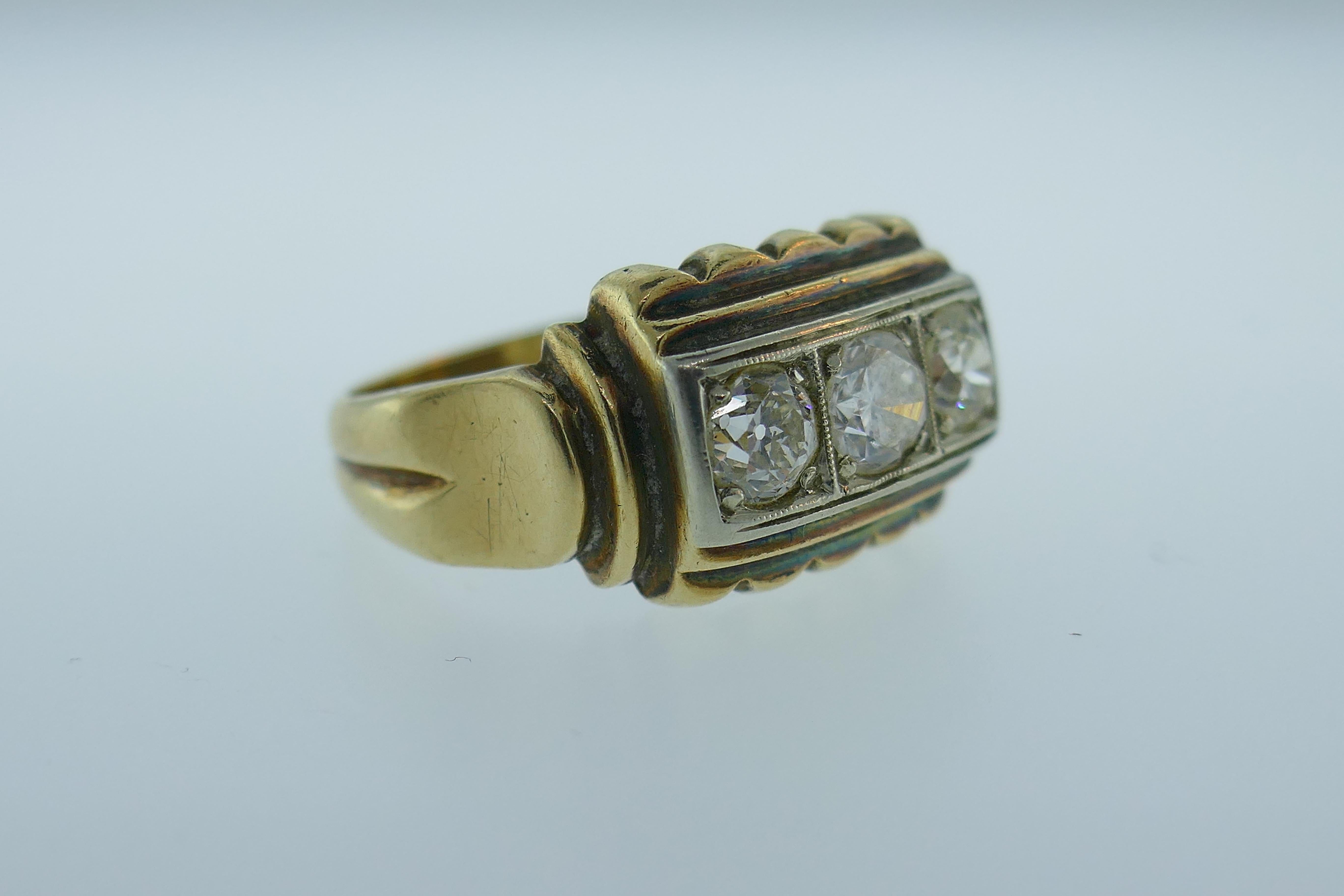 Victorian 14k Yellow & White Gold & Three Stone Old European Cut Diamond Ring 4