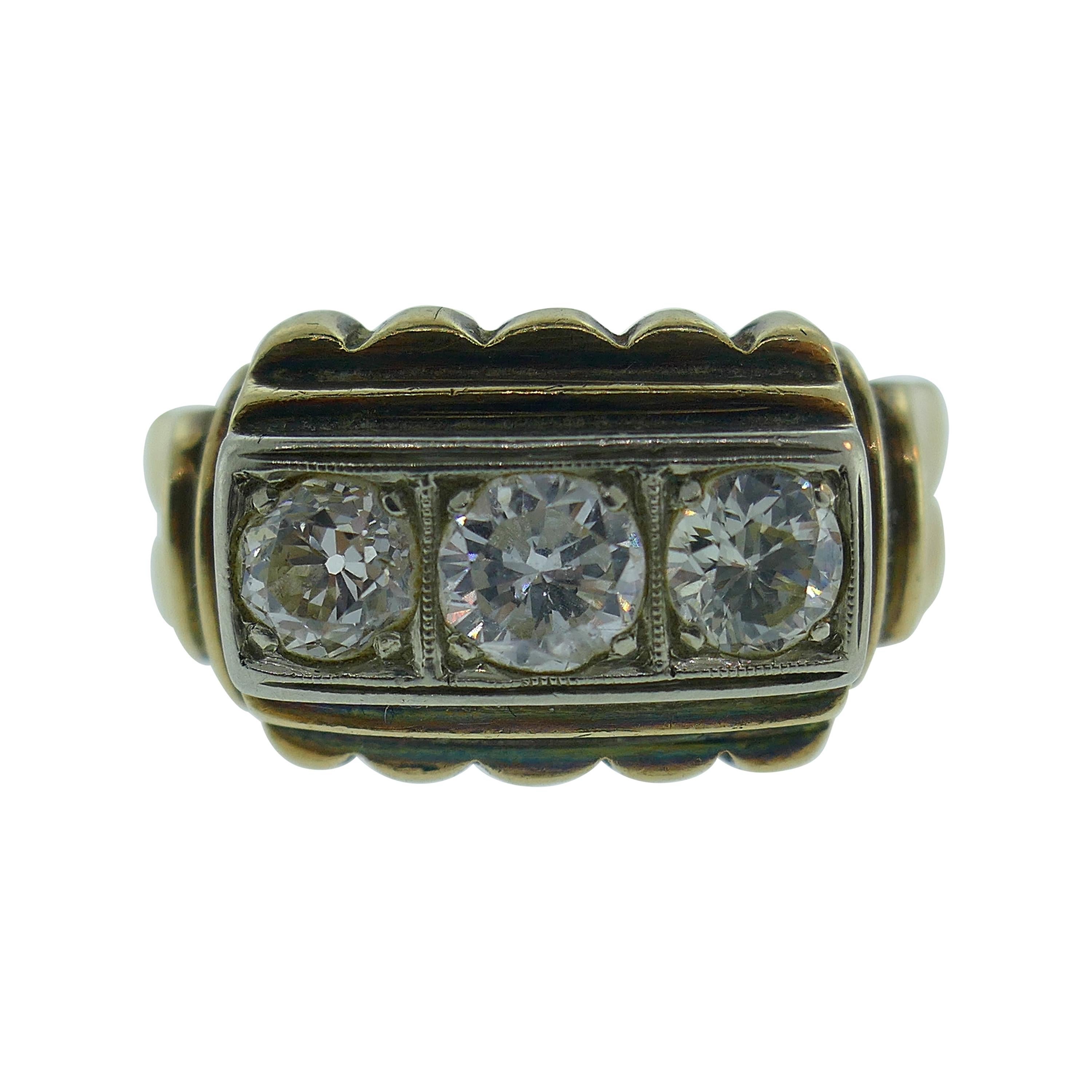 Victorian 14k Yellow & White Gold & Three Stone Old European Cut Diamond Ring