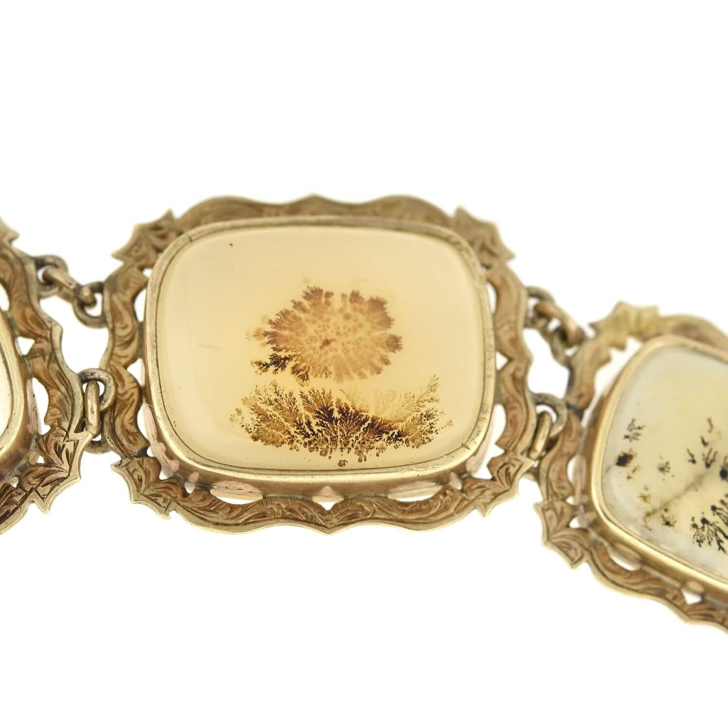 Taille carrée Bracelet à maillons victorien en agate mousse de 14 carats et de style déndritique en vente