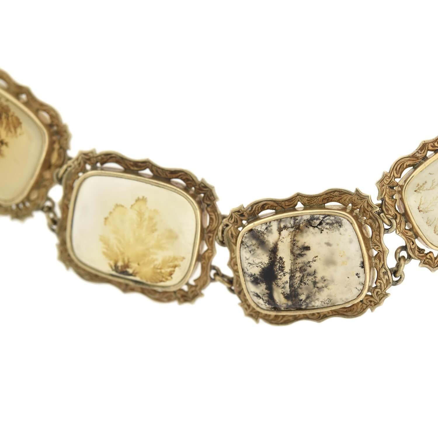 Bracelet à maillons victorien en agate mousse de 14 carats et de style déndritique Bon état - En vente à Narberth, PA