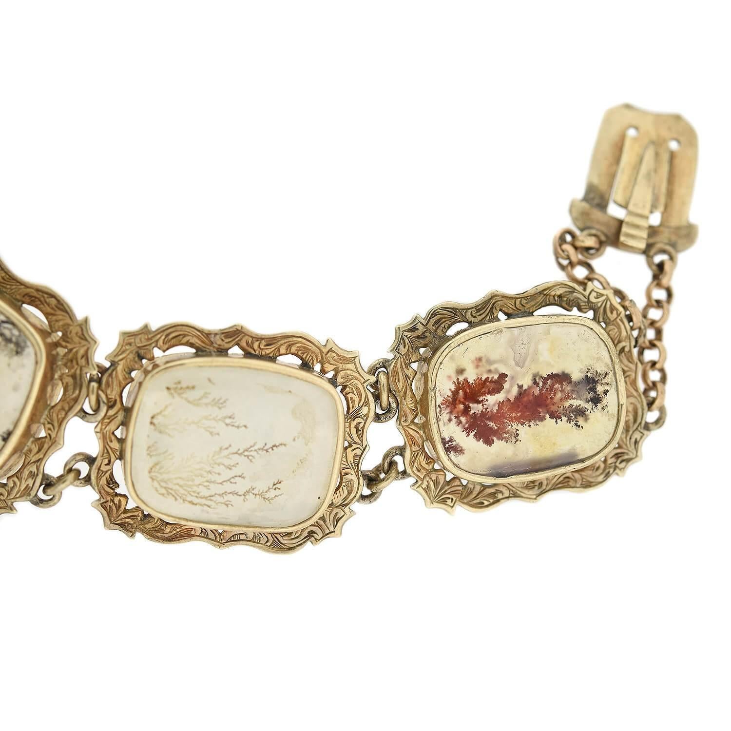 Bracelet à maillons victorien en agate mousse de 14 carats et de style déndritique Pour femmes en vente