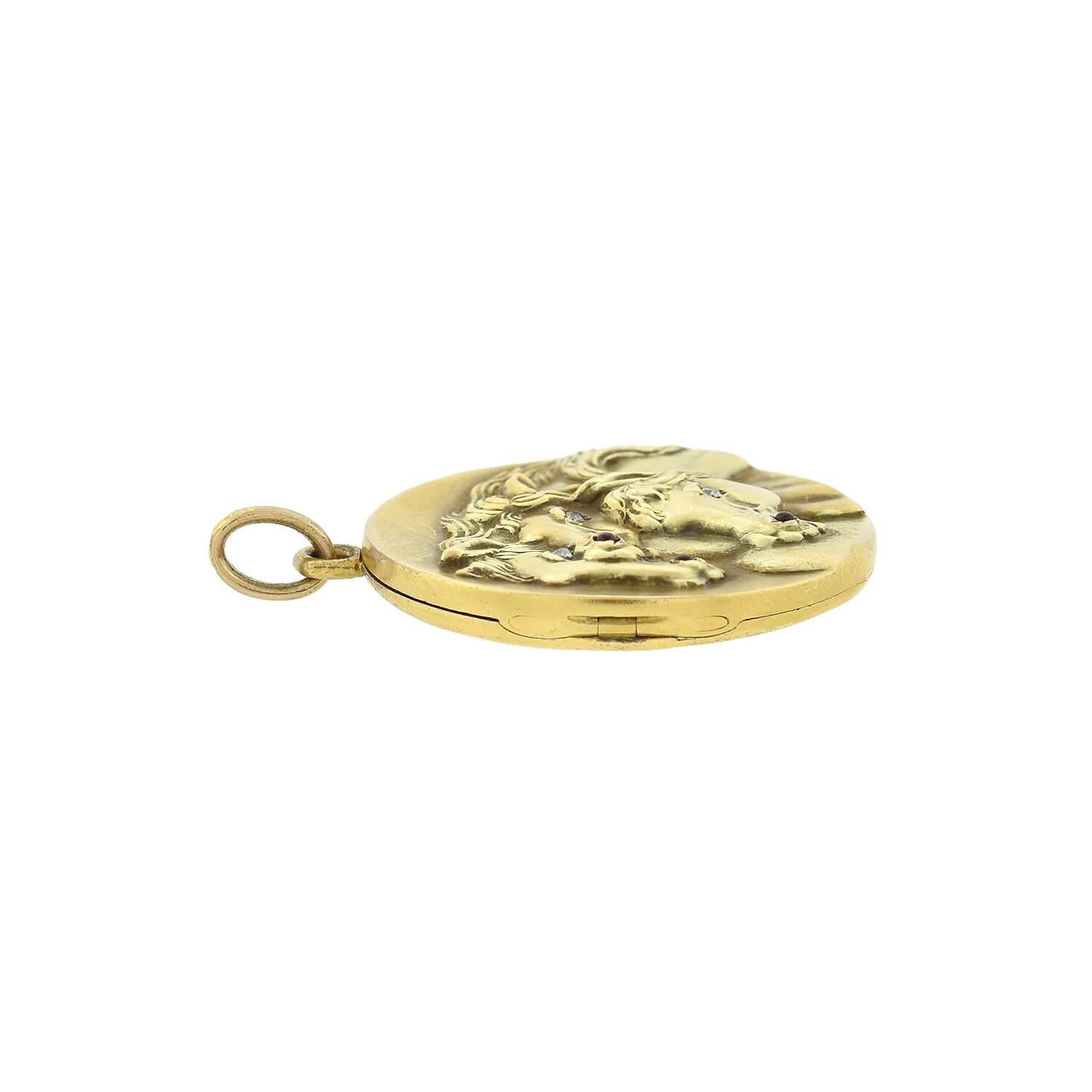 A gorgeous locket from the Victorian (ca1880s) era! Crafted in 14kt yellow gold, this locket depicts John Frederick Herring's painting of the 