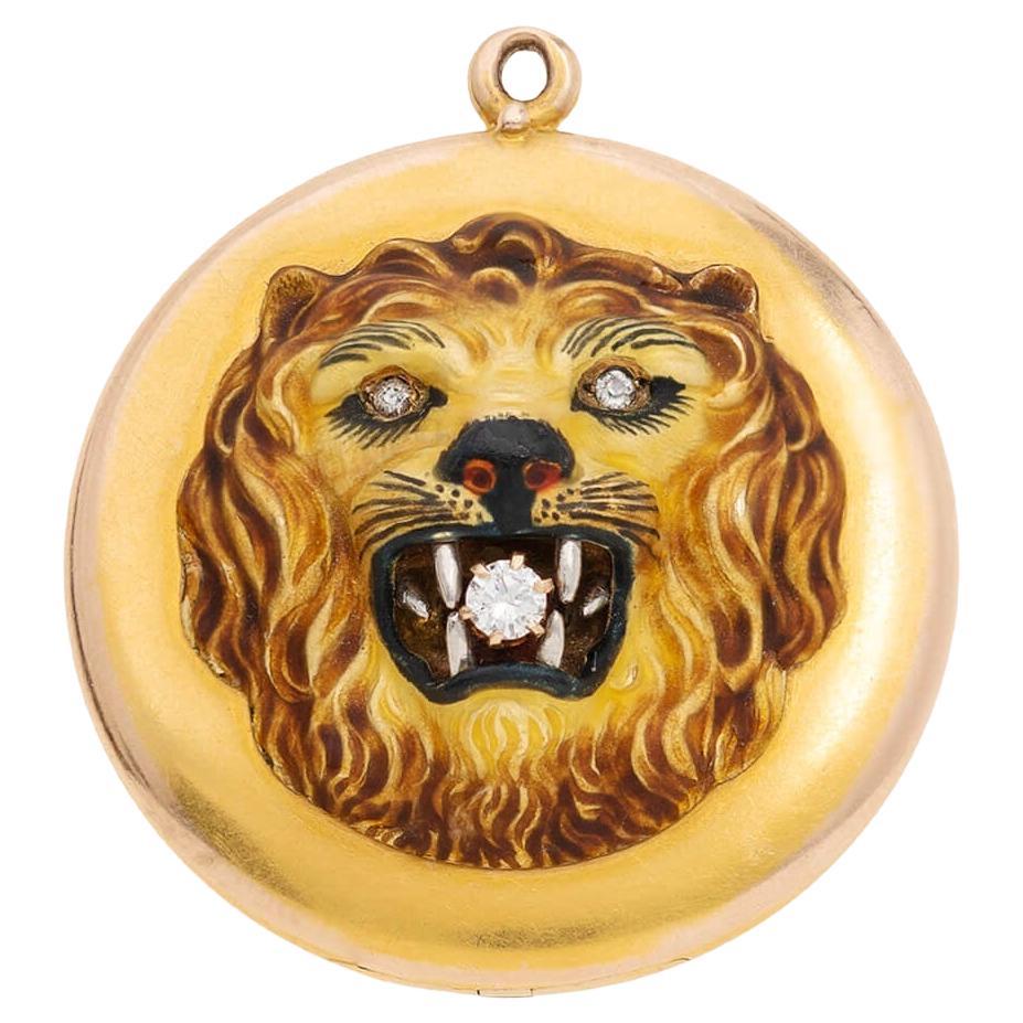 Médaillon lion victorien en or 14 carats, diamants et émail