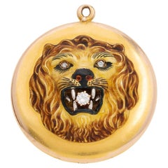 Victorian 14kt Diamond & Enamel Lion Locket