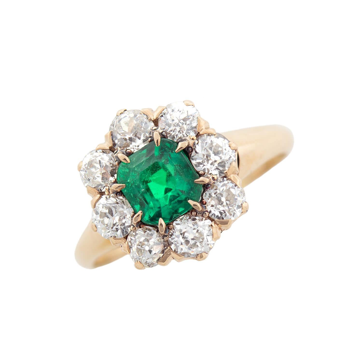 Asscher Cut Victorian 14kt Emerald & Diamond Cluster Ring