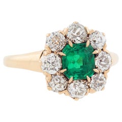 Antique Victorian 14kt Emerald & Diamond Cluster Ring