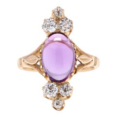 Antique Victorian 14 Karat Gold, Amethyst and Diamond Navette Ring