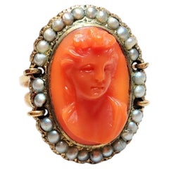 Victorian 14kt Gold Coral Cameo Pearl Cocktail Ring, Circa 1860-1880