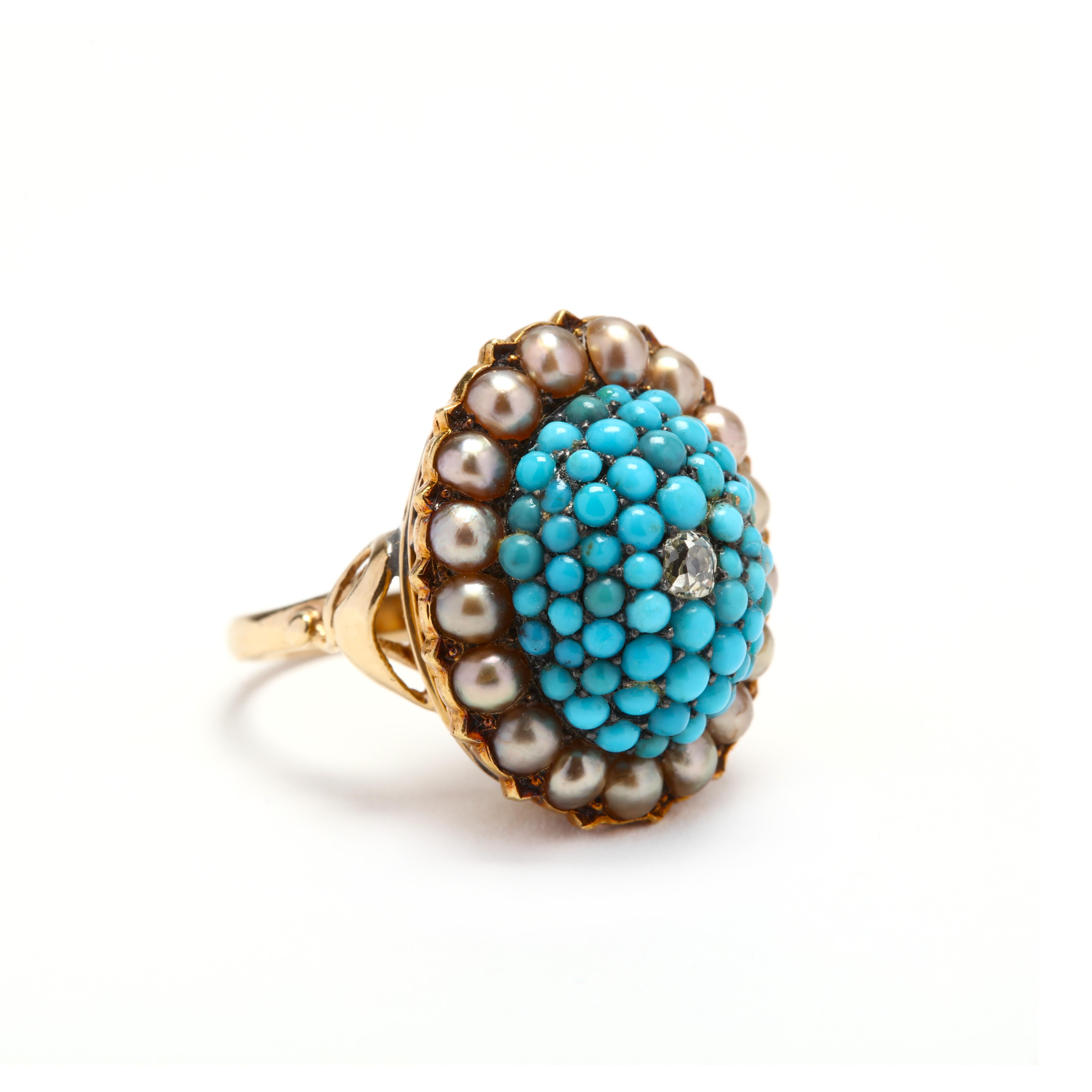 A Victorian 14 karat yellow gold bombe ring with a diamond, turquoise, and pearls. Centered on an old European cut diamond, surrounded by round cabochon cut turquoise stones and a halo of split pearls.

Stones:
- diamond, 1 stone
- old European