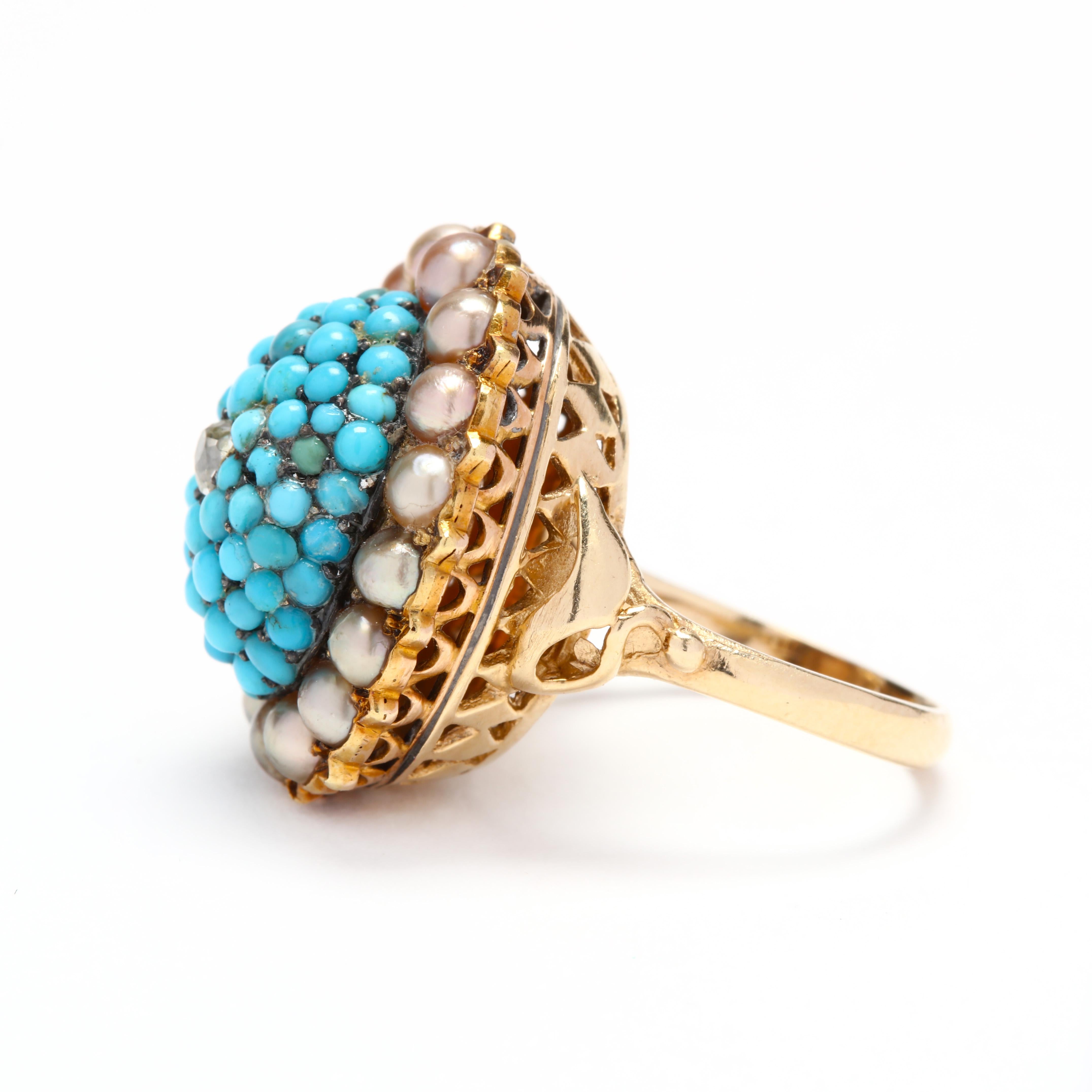 Victorian 14 Karat Gold Diamond, Turquoise, and Pearl Bombe Ring In Good Condition In McLeansville, NC