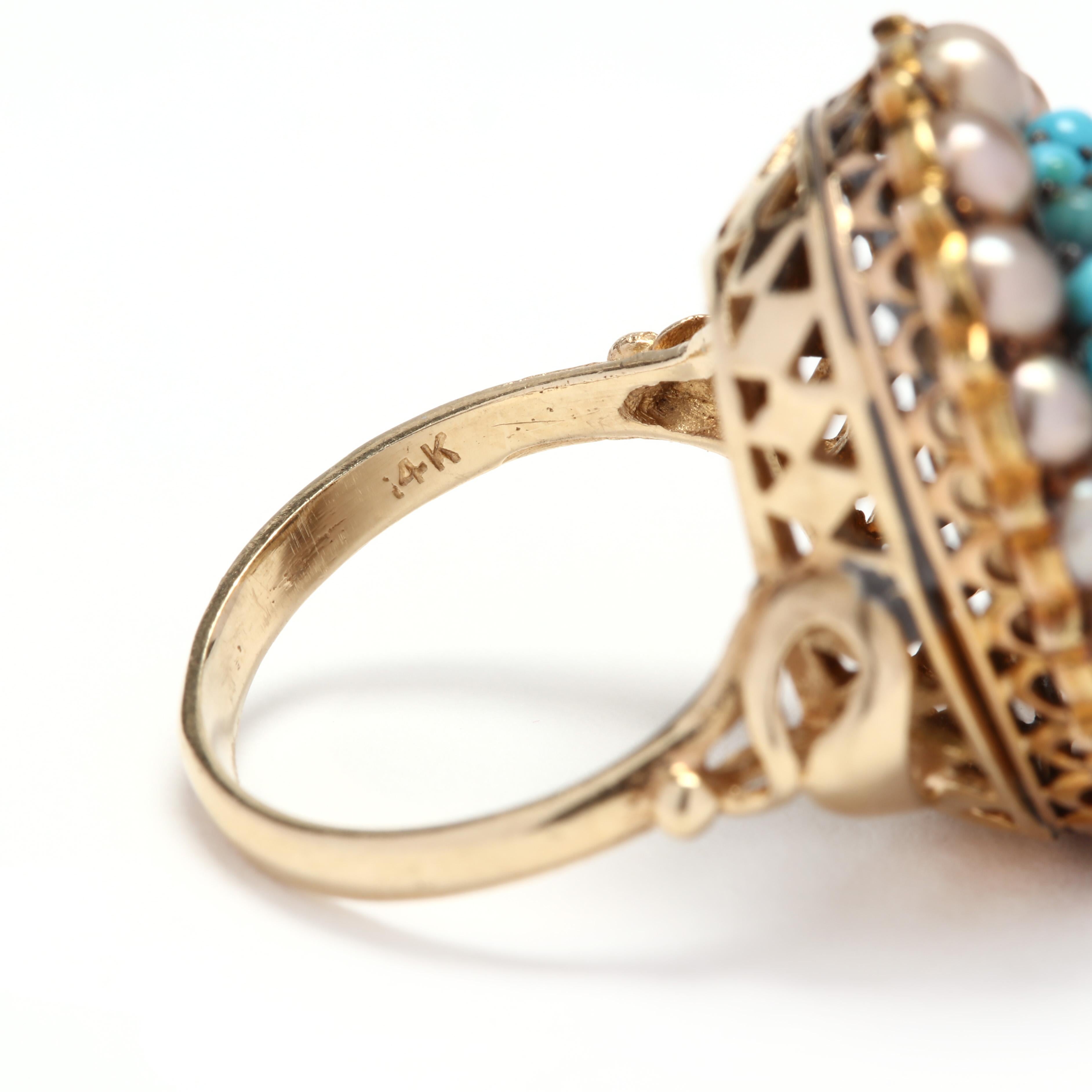 Women's or Men's Victorian 14 Karat Gold Diamond, Turquoise, and Pearl Bombe Ring