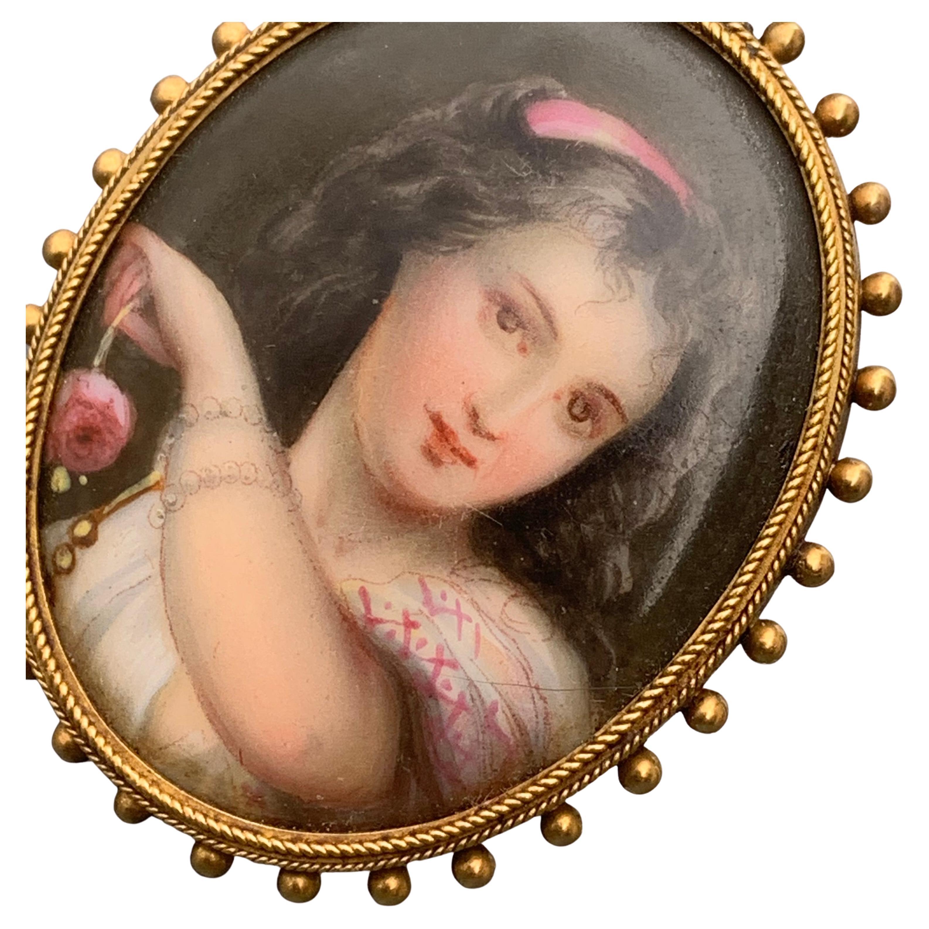 Victorian 14 Karat Gold Hand Painted Miniature Portrait Locket Pendant For Sale