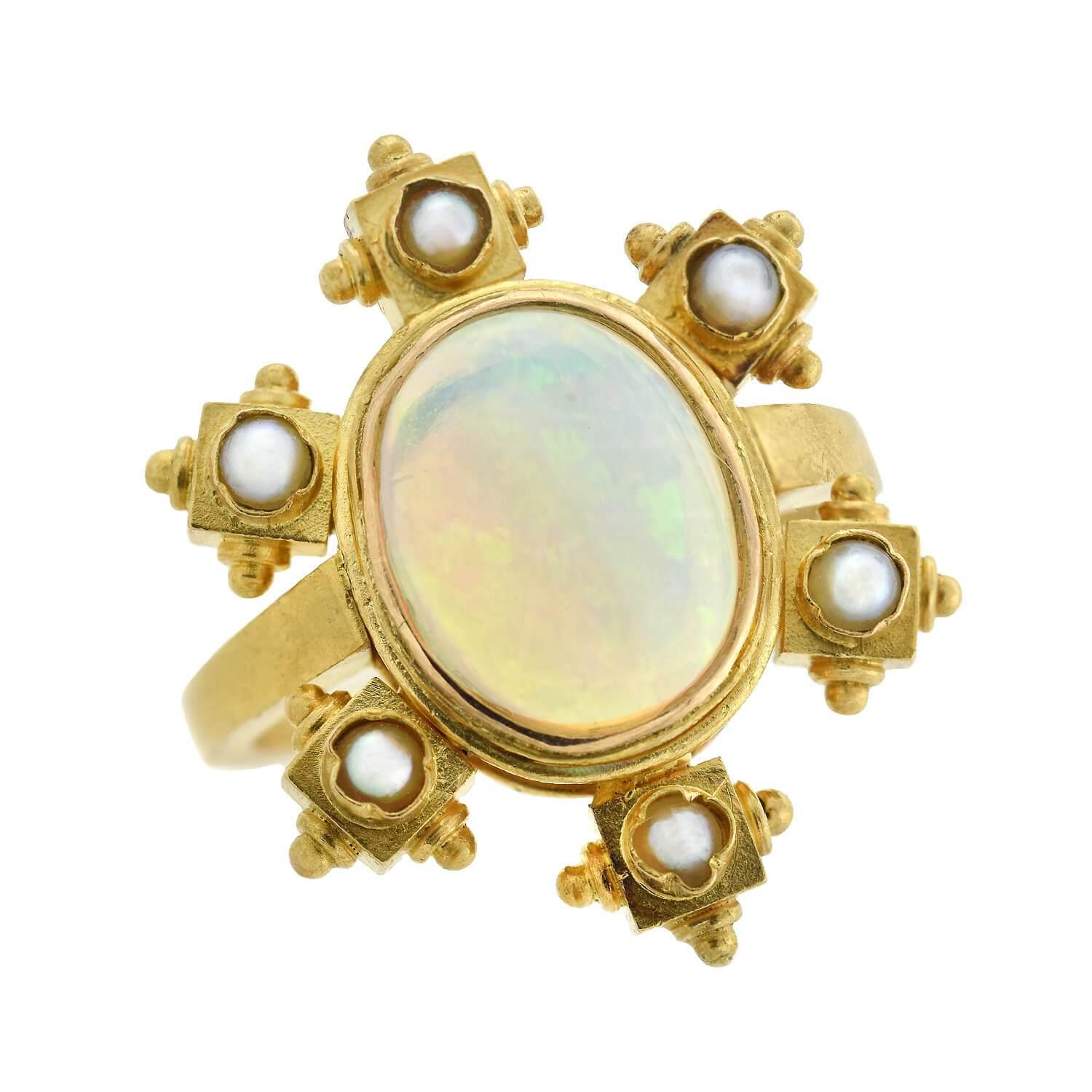Victorian 14kt Pearl and Opal Ring In Good Condition In Narberth, PA