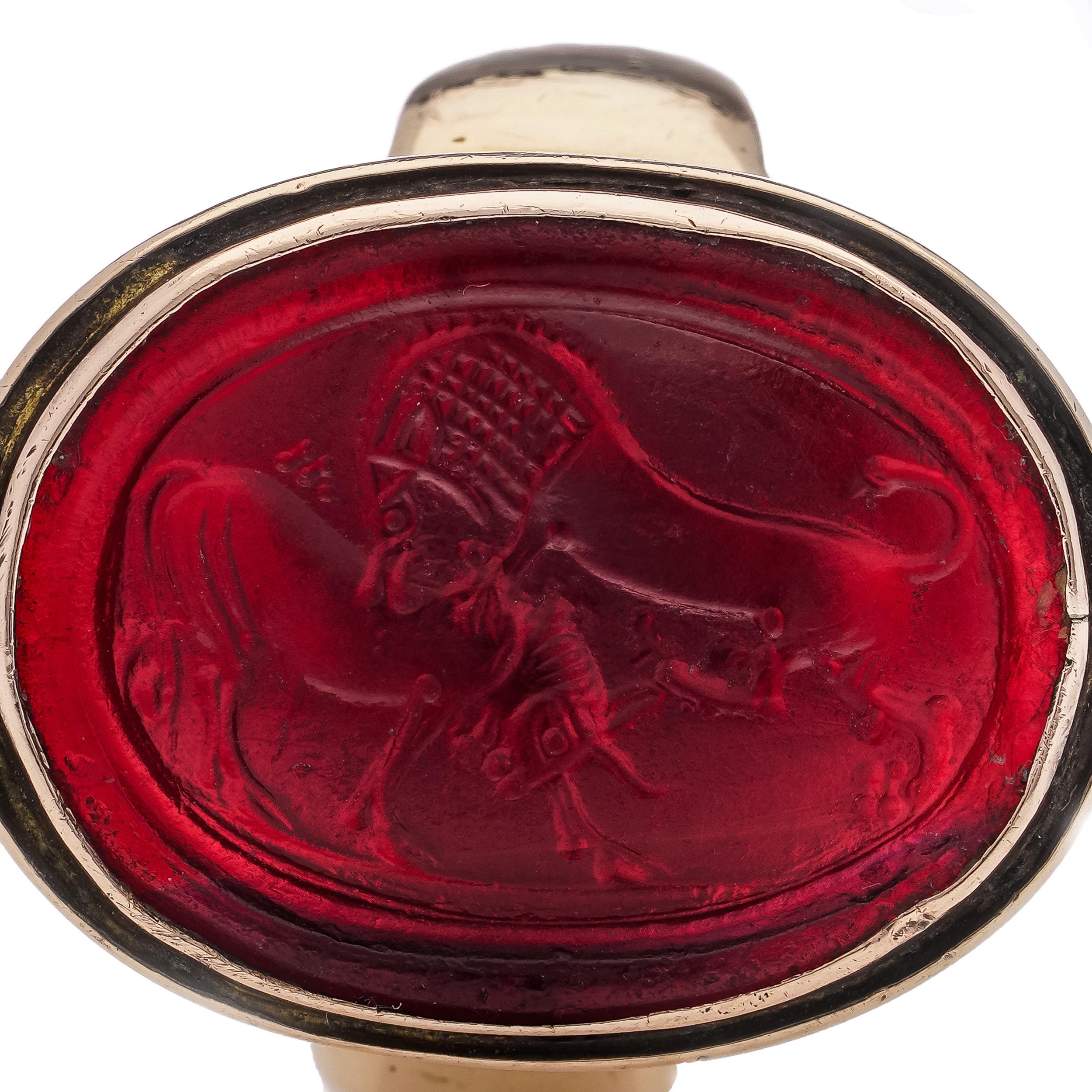 Victorian 14kt. rose gold red pique glass intaglio, featuring lion attack  For Sale 3