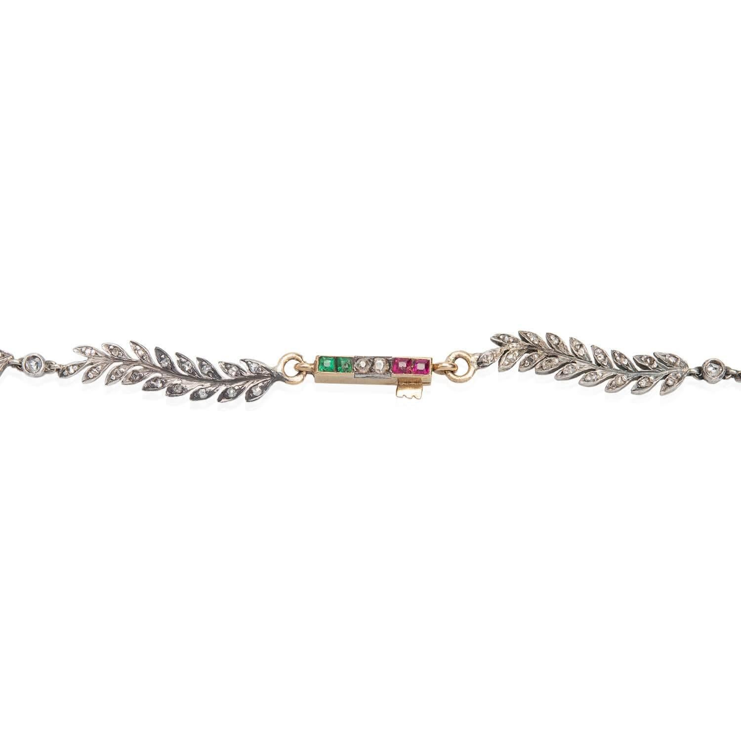 Viktorianische 14kt/Sterling Diamant Blattförmige Halskette mit Smaragd Diamant Rubin Verschluss Damen im Angebot