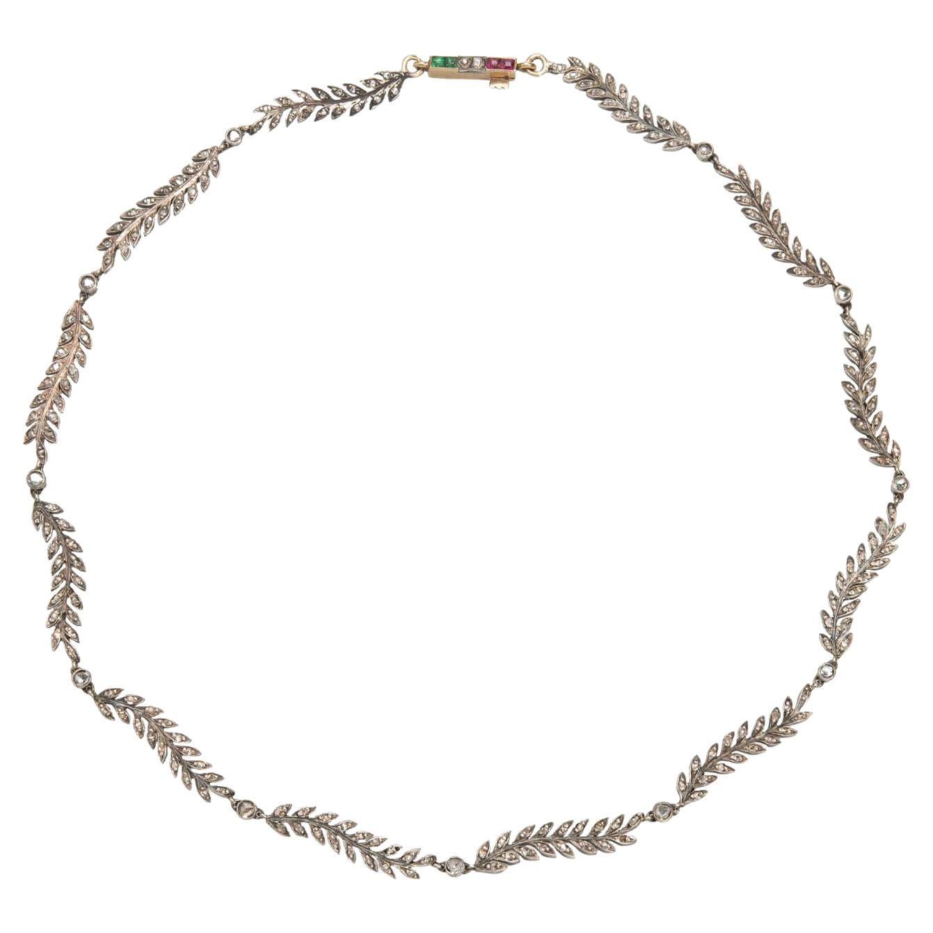 Viktorianische 14kt/Sterling Diamant Blattförmige Halskette mit Smaragd Diamant Rubin Verschluss im Angebot
