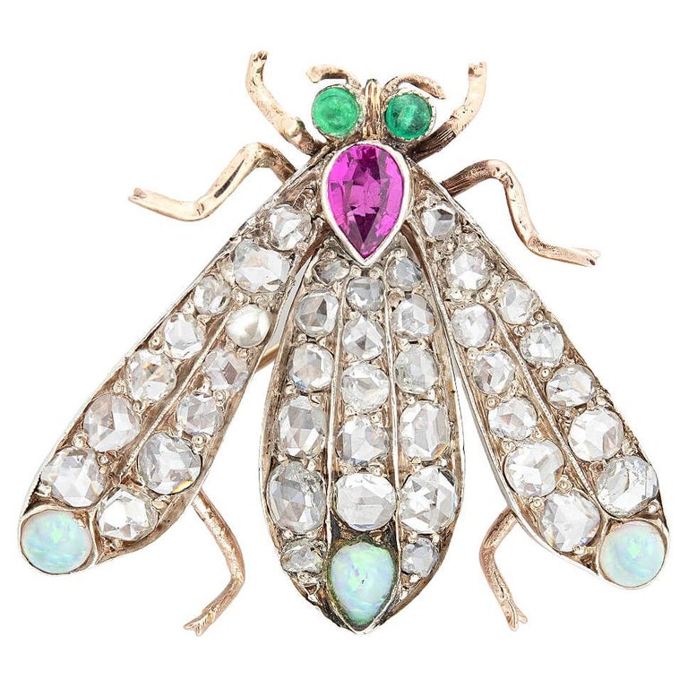 Opal Fly Victorian 14kt/Sterling Diamond, Opal, Emerald, + Ruby Fly Pin/Pendant ...