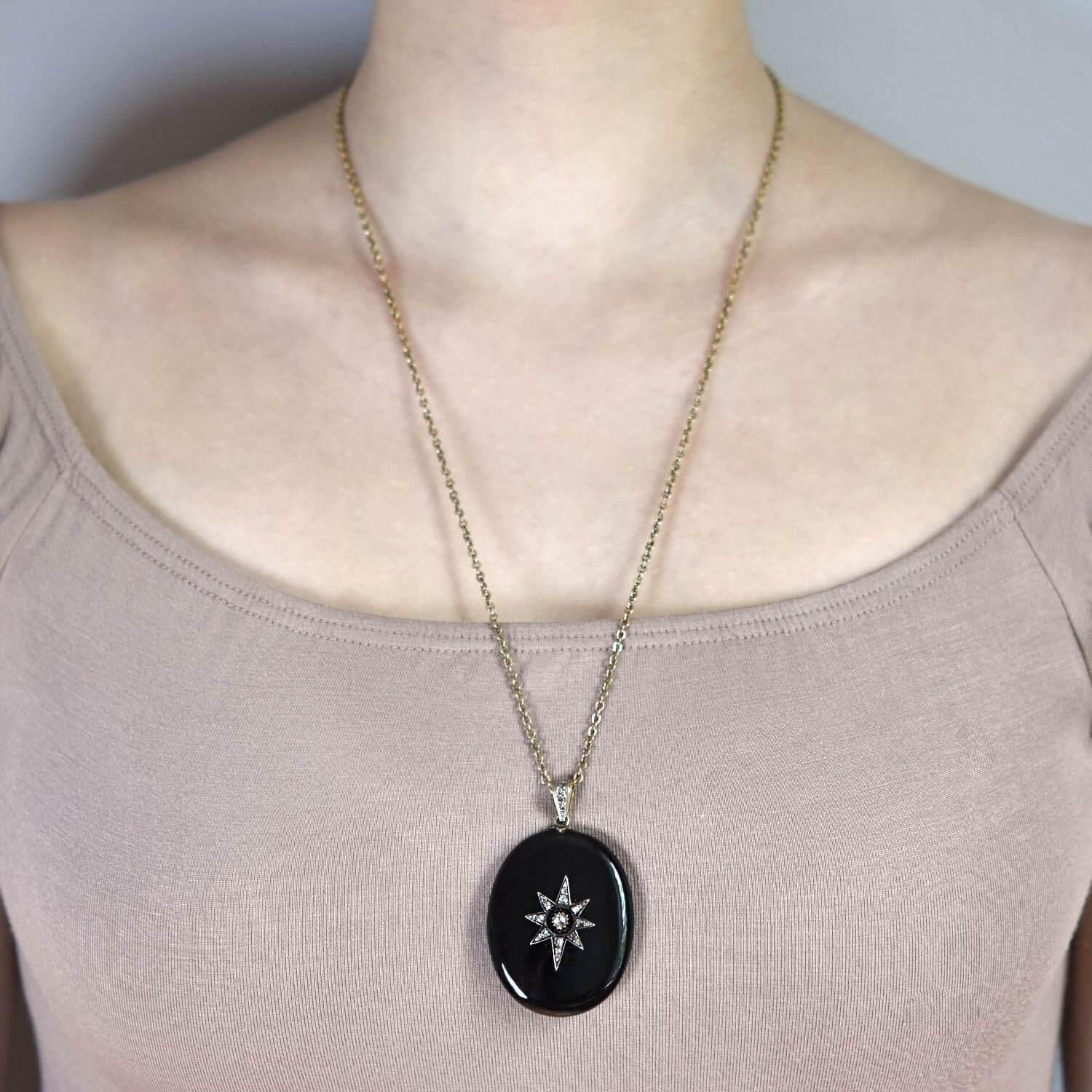 Victorian 14kt/Sterling Onyx Locket with Diamond Starburst Locket Pendant 0.80ct In Fair Condition For Sale In Narberth, PA