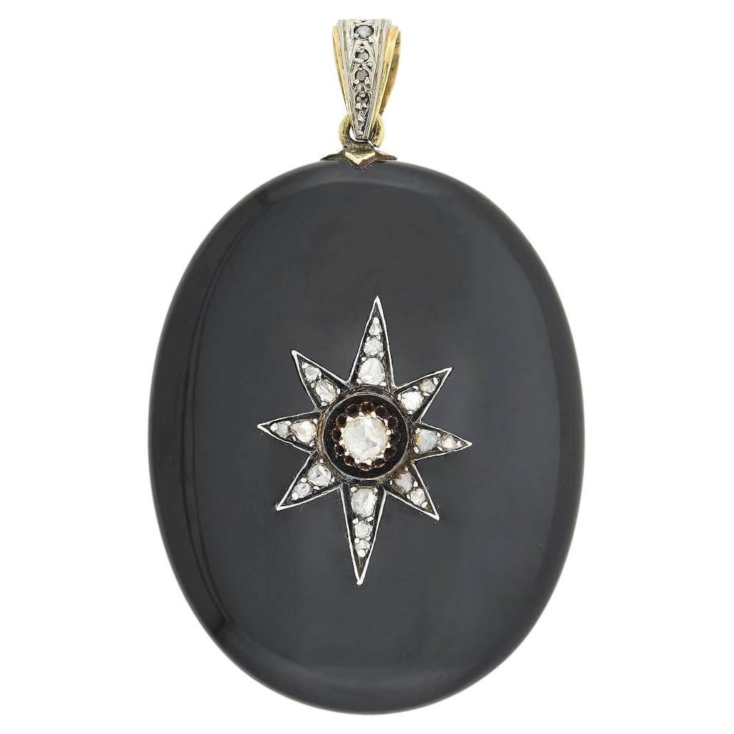 Viktorianisches 14kt/Sterling Onyx Medaillon mit Diamant Starburst Medaillon Anhänger 0,80ct