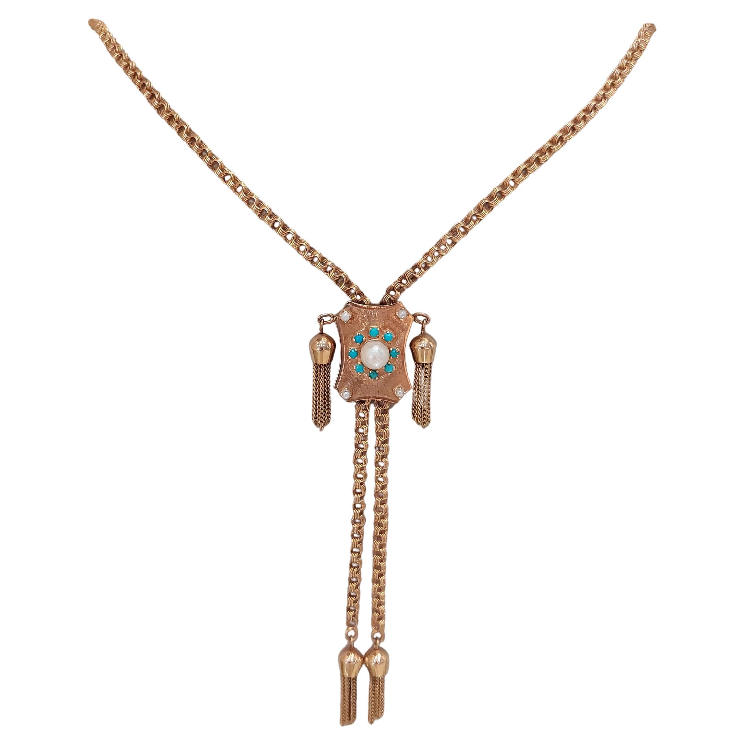 Victorian 14KT Tasseled 32" Chain Necklace with Turquoise and Pearl