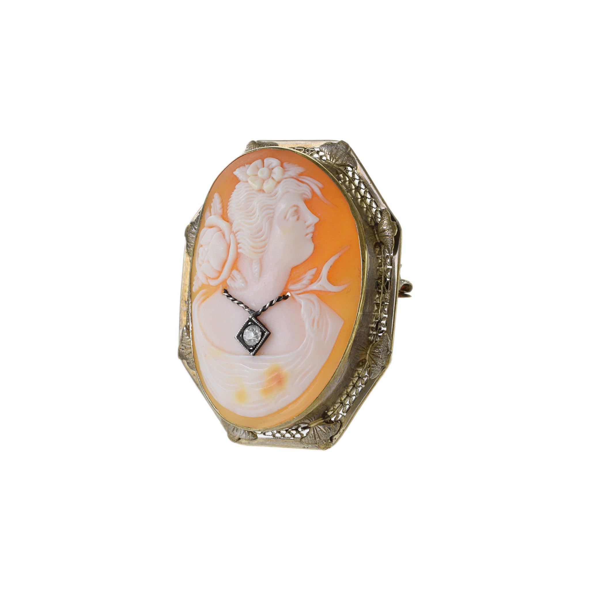 Round Cut Victorian 14KT Yellow Gold Diamond Portrait Cameo Pin For Sale
