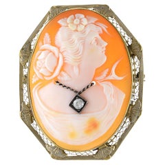 Victorian 14KT Yellow Gold Diamond Portrait Cameo Pin