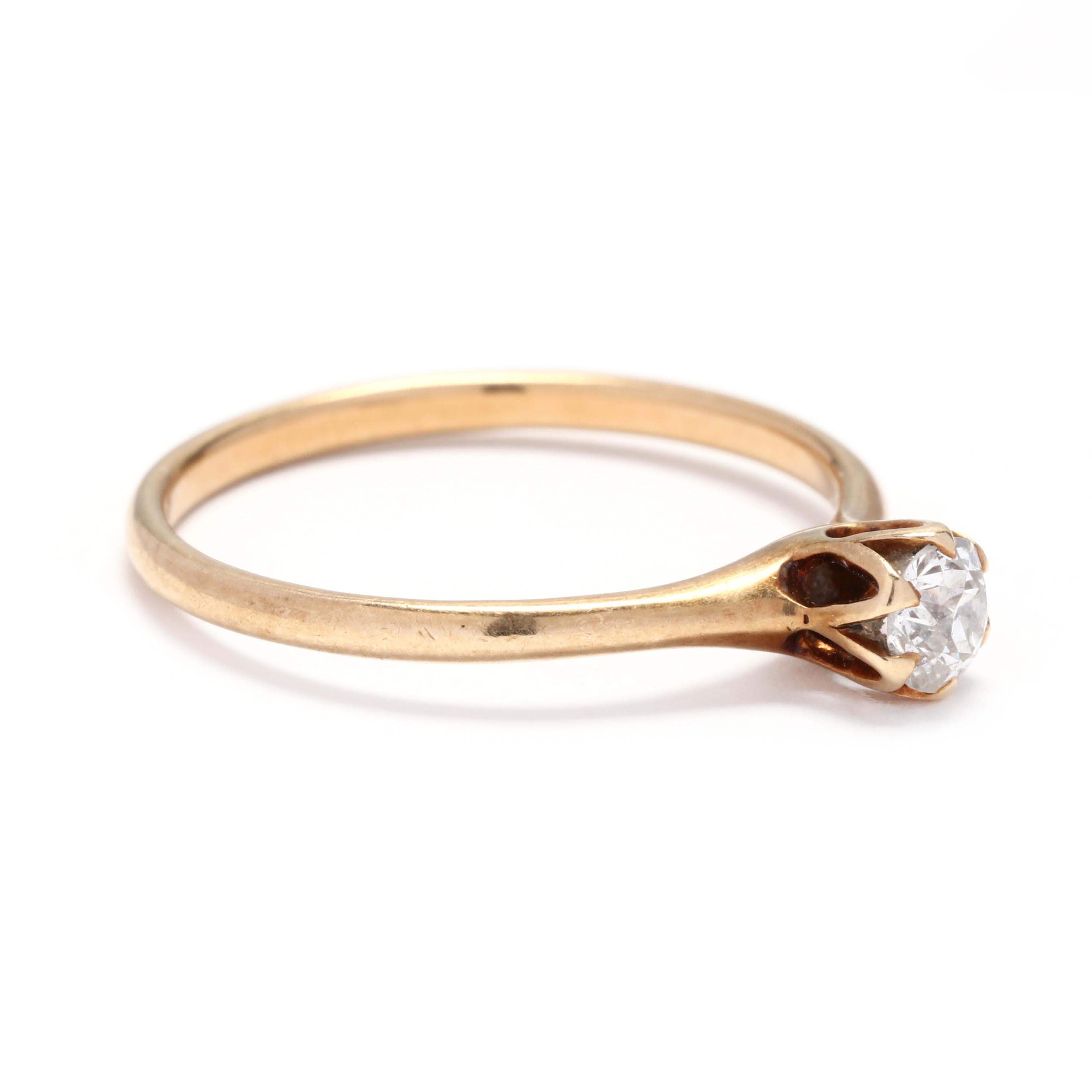 A victorian 14 karat yellow gold old European cut diamond engagement ring. This ring features a thin band with a prong set old European cut diamond weighing approximately .25 carat.

Stones:
- diamond, 1 stone
- old European cut
- 4 mm
-