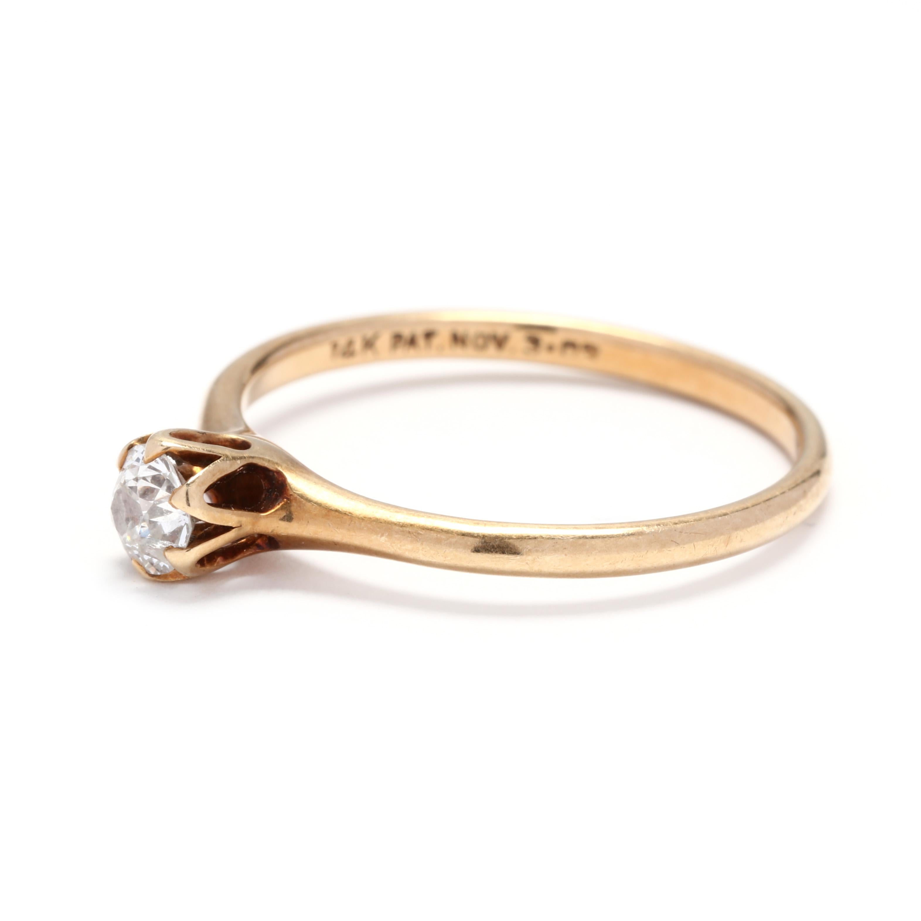 Women's or Men's Victorian 14 Karat Yellow Gold Old European Cut Diamond Engagement Ring