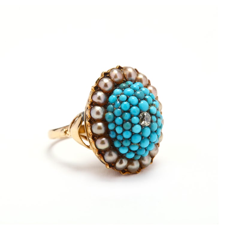 Victorian 14Y OEC Diamond and Turquoise Bombe Ring For Sale at 1stDibs