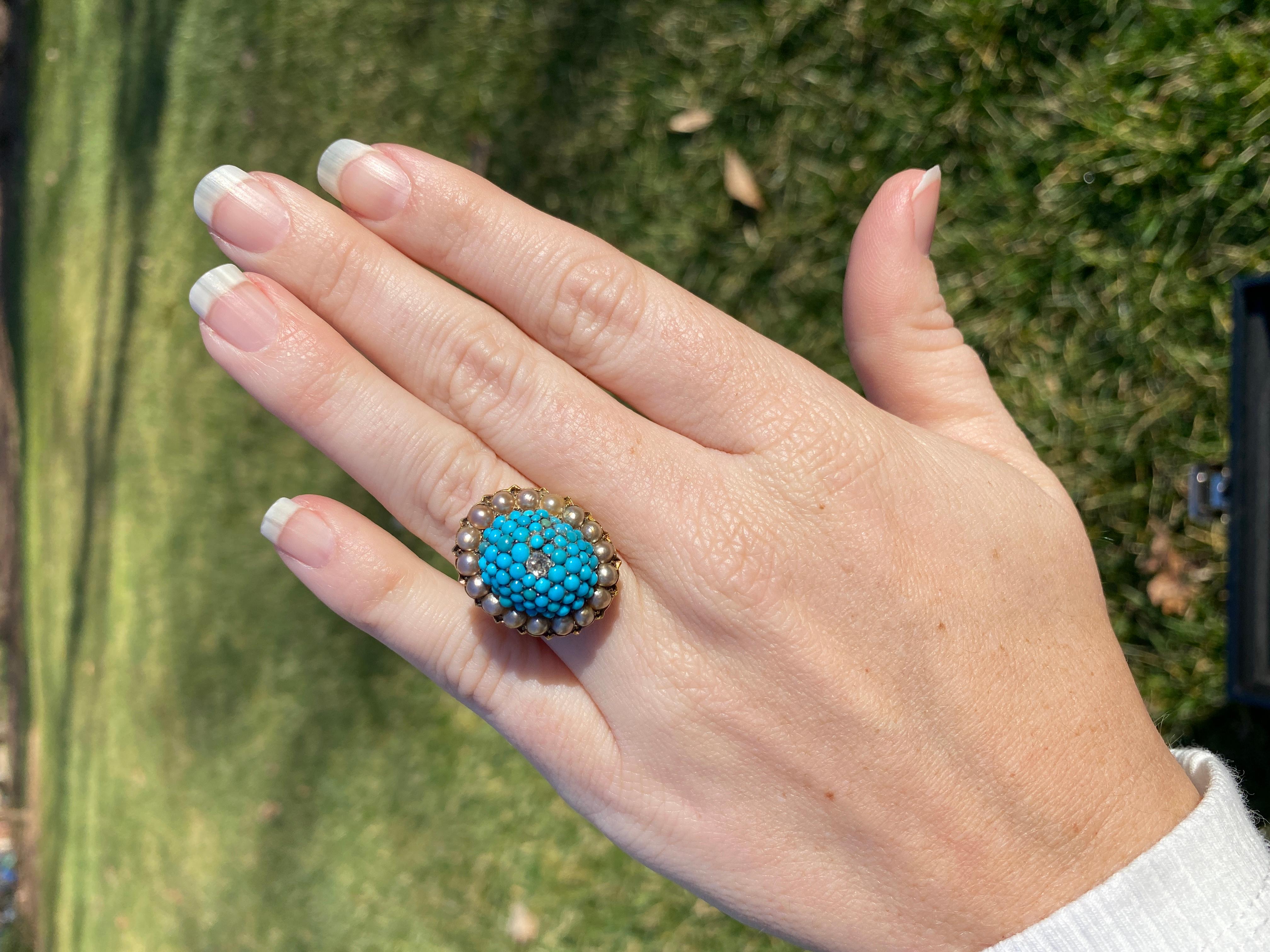 Victorian 14Y OEC Diamond & Turquoise Bombe Ring 1