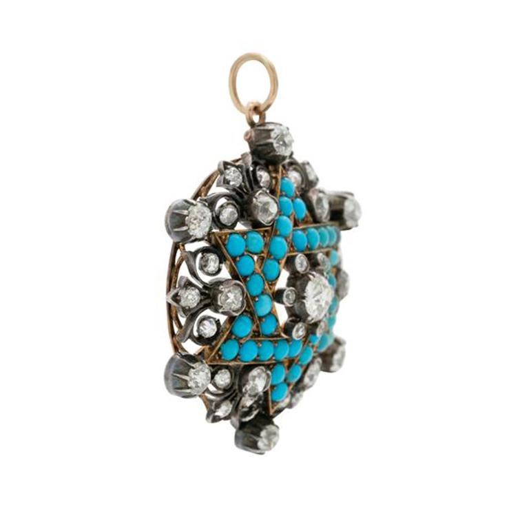 Old Mine Cut Victorian 15-18k Yellow Gold, Silver, Diamond & Persian Turquoise Star of David For Sale