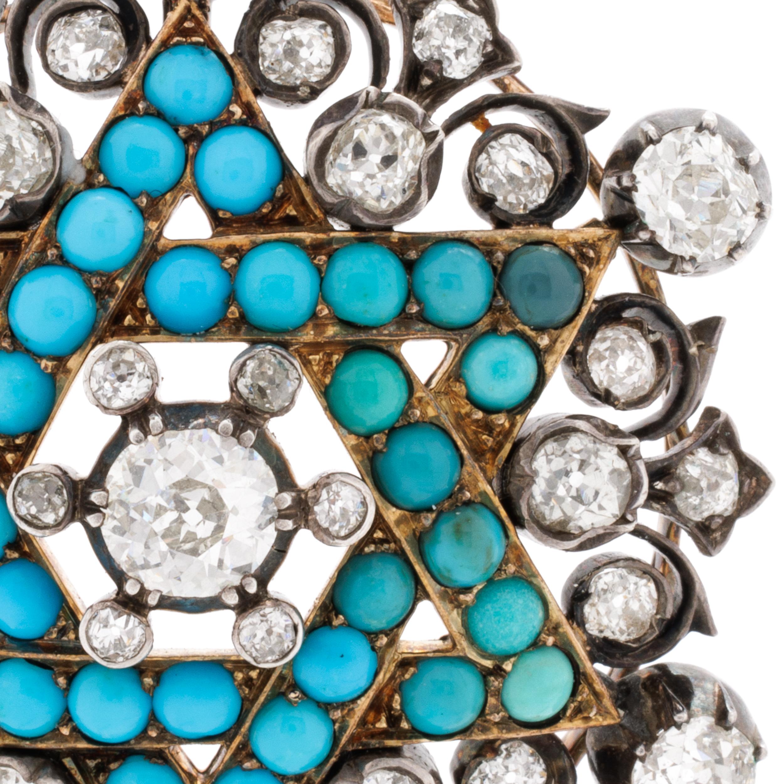 Rare Victorian 15-18K Yellow Gold, Silver, Diamond and Persian Turquoise Star of David

Rare Mid-19th Century 5.0 carats Old Mine Cut Diamonds and Persian Turquoise Star of David Pendant. 

Between the span of the Victorian era and our present day,