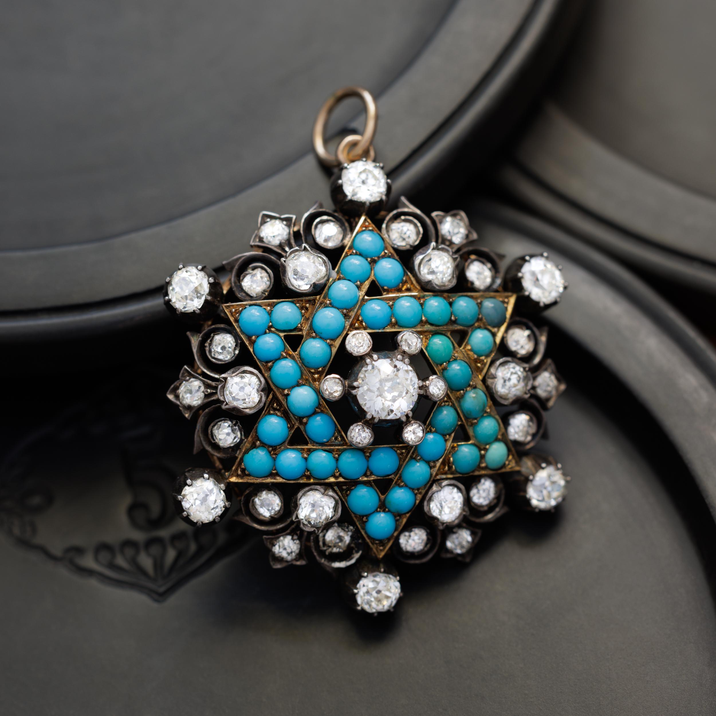Victorian 15-18k Yellow Gold, Silver, Diamond & Persian Turquoise Star of David For Sale 2