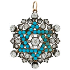 Étoile de David victorienne en or jaune 15-18 carats, argent, diamants et turquoise perse