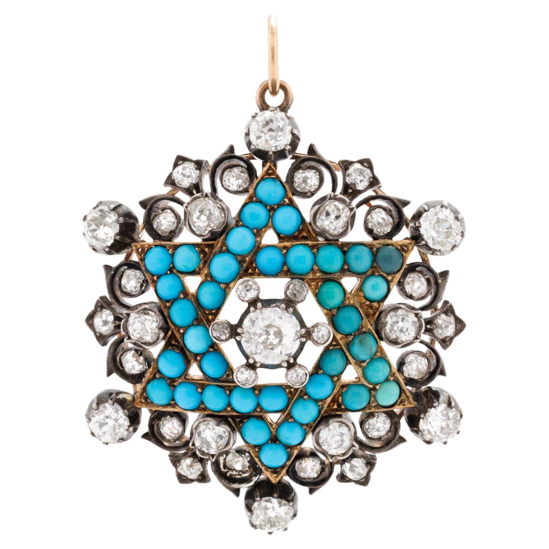 Victorian 15-18K Yellow Gold 5.0 Carat Diamond, Persian Turquoise Star of David For Sale