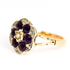Victorian 15 Carat Gold Amethyst, Diamond and Pearl Cluster Ring