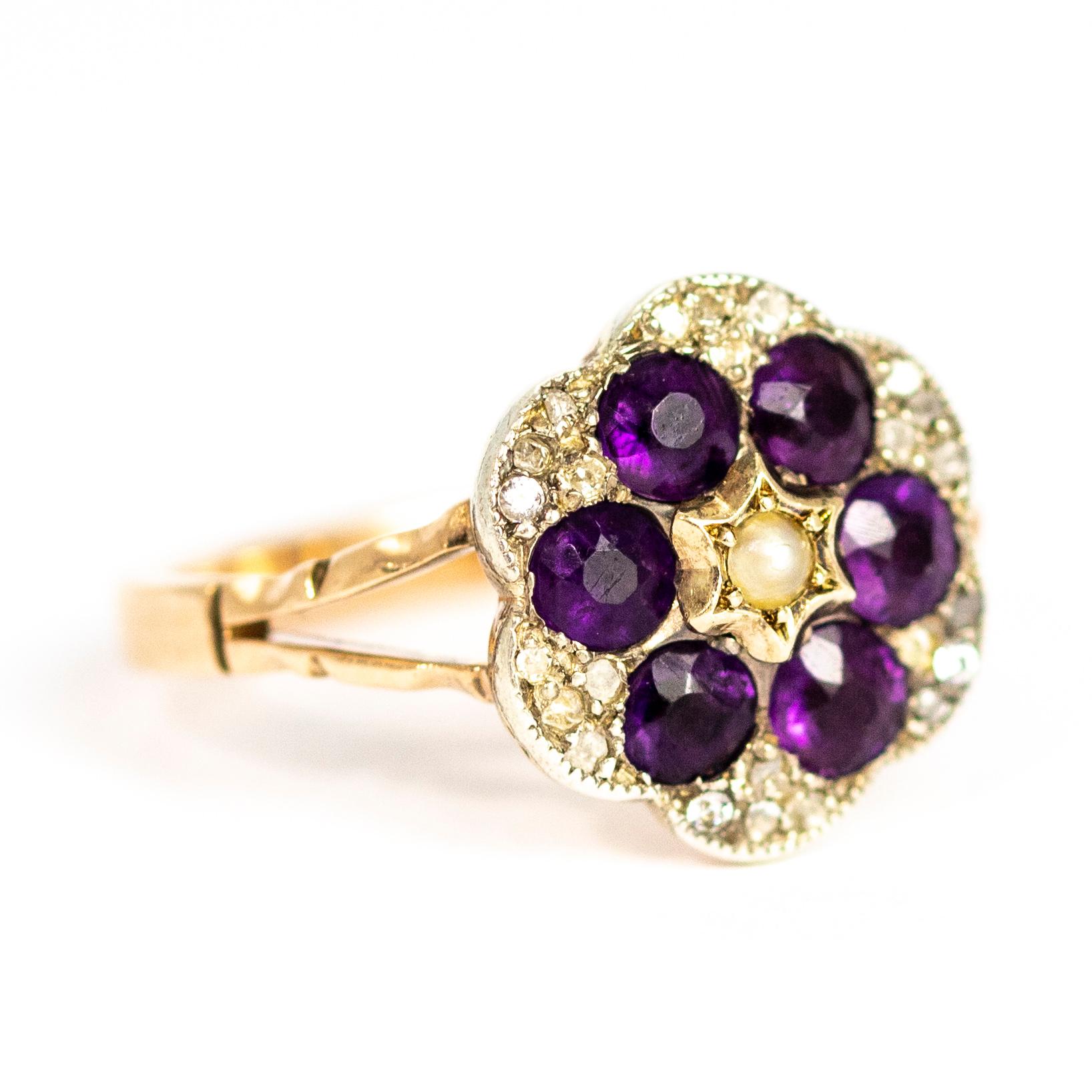 Women's or Men's Victorian 15 Carat Gold Amethyst, Diamond and Pearl Cluster Ring