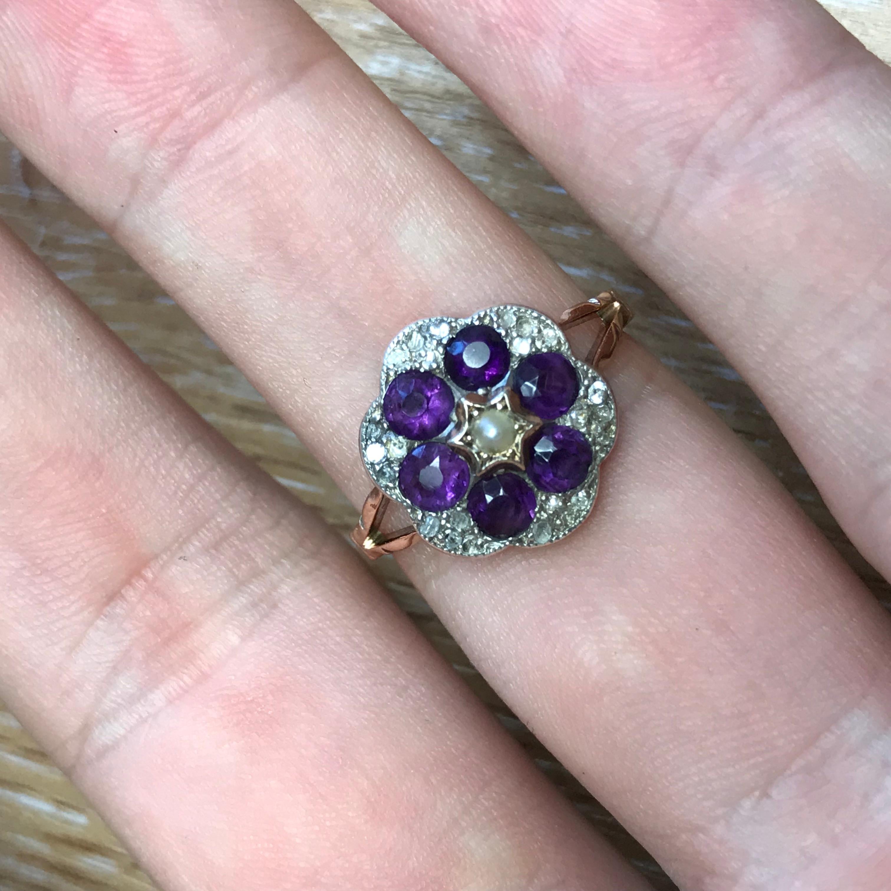 Victorian 15 Carat Gold Amethyst, Diamond and Pearl Cluster Ring 2