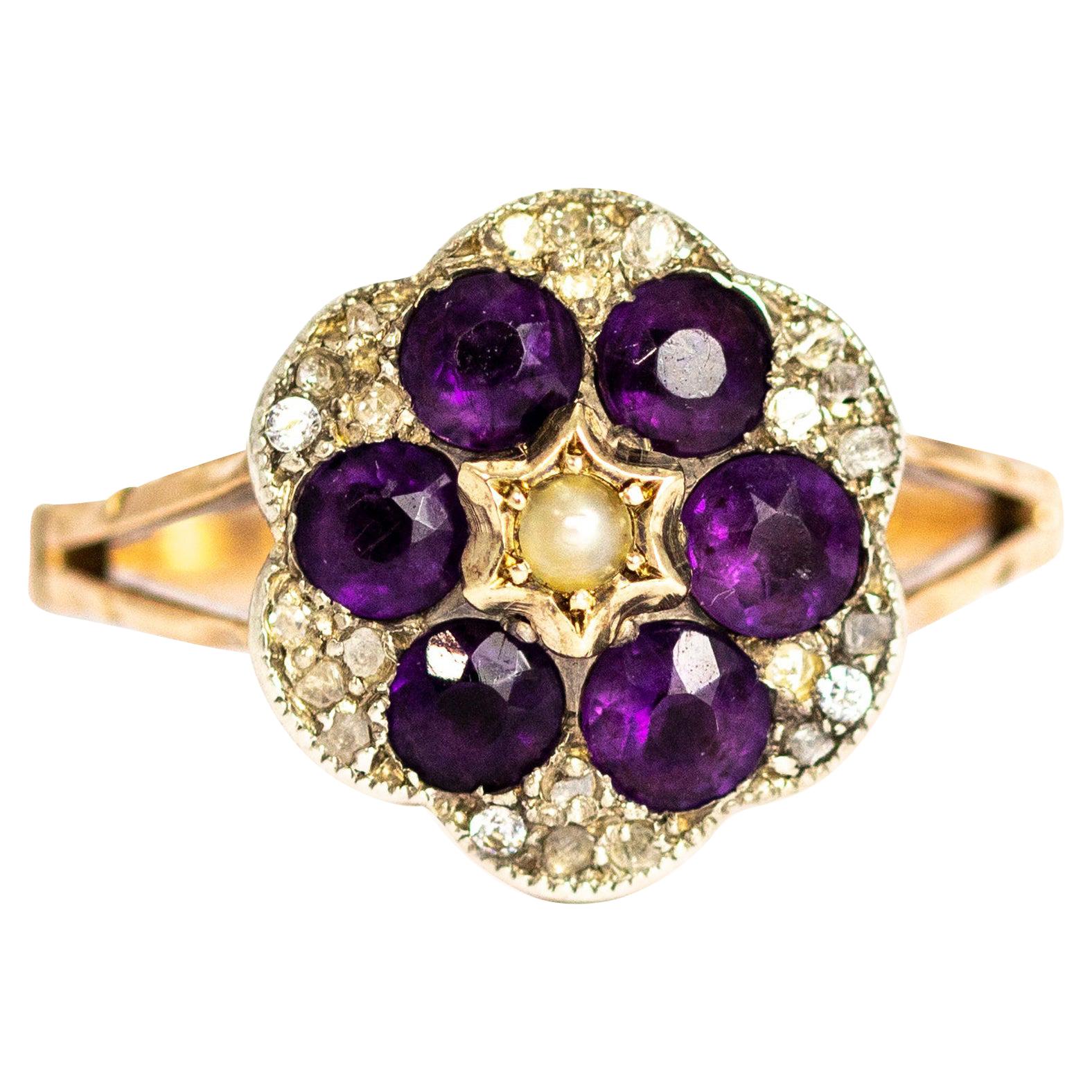 Victorian 15 Carat Gold Amethyst, Diamond and Pearl Cluster Ring